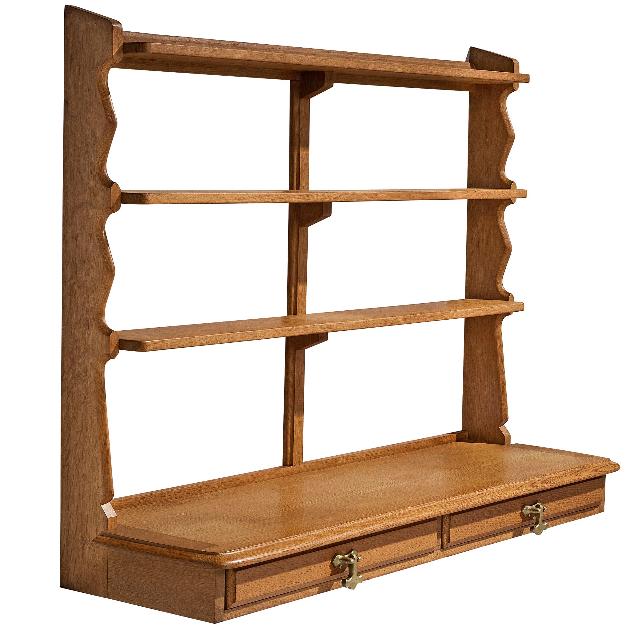 Guillerme & Chambron Wall-Mounted Shelf with Drawers in Oak For Sale