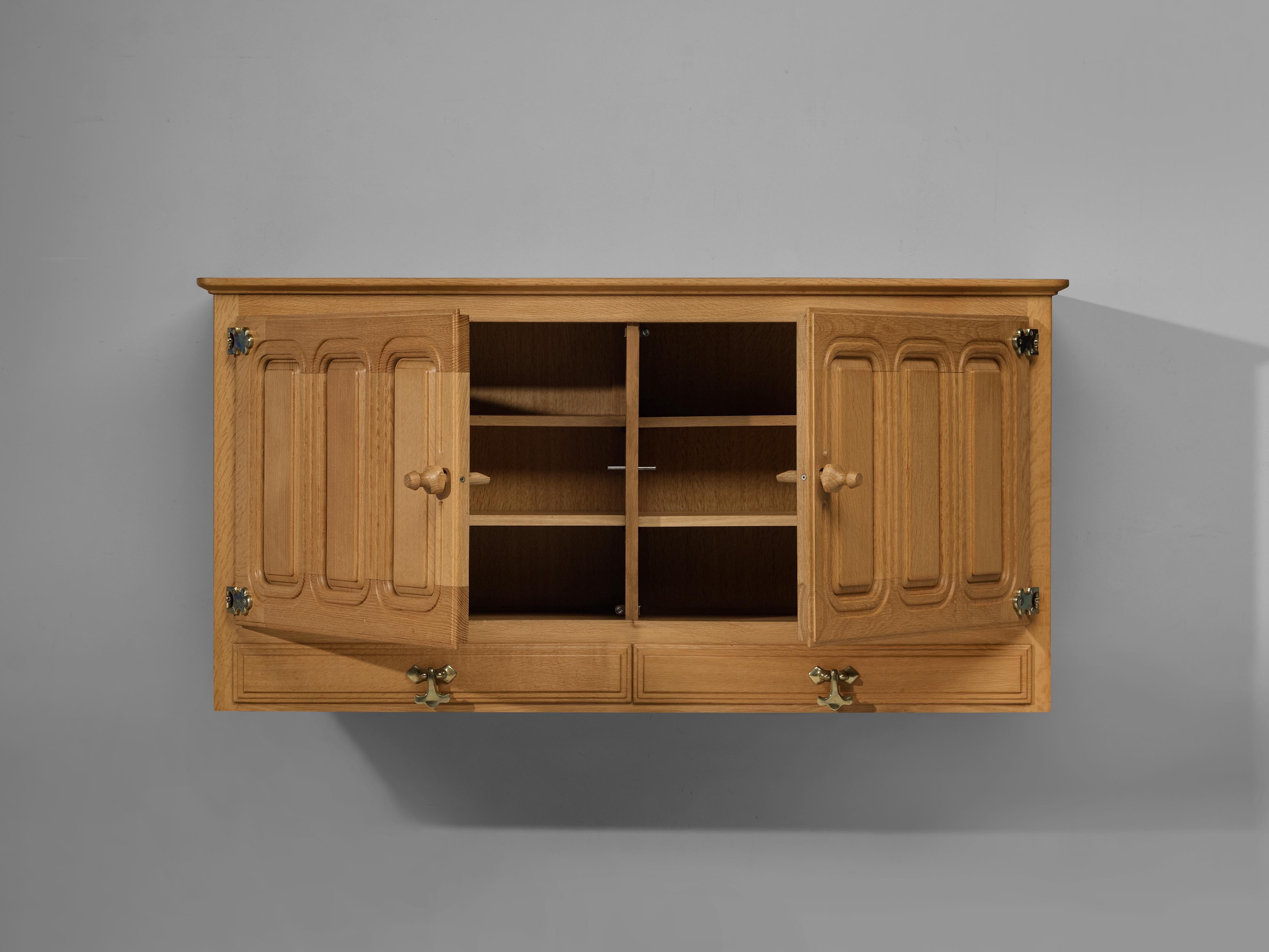 Mid-Century Modern Guillerme et Chambron Wall-Mounted Sideboard in Oak and Brass
