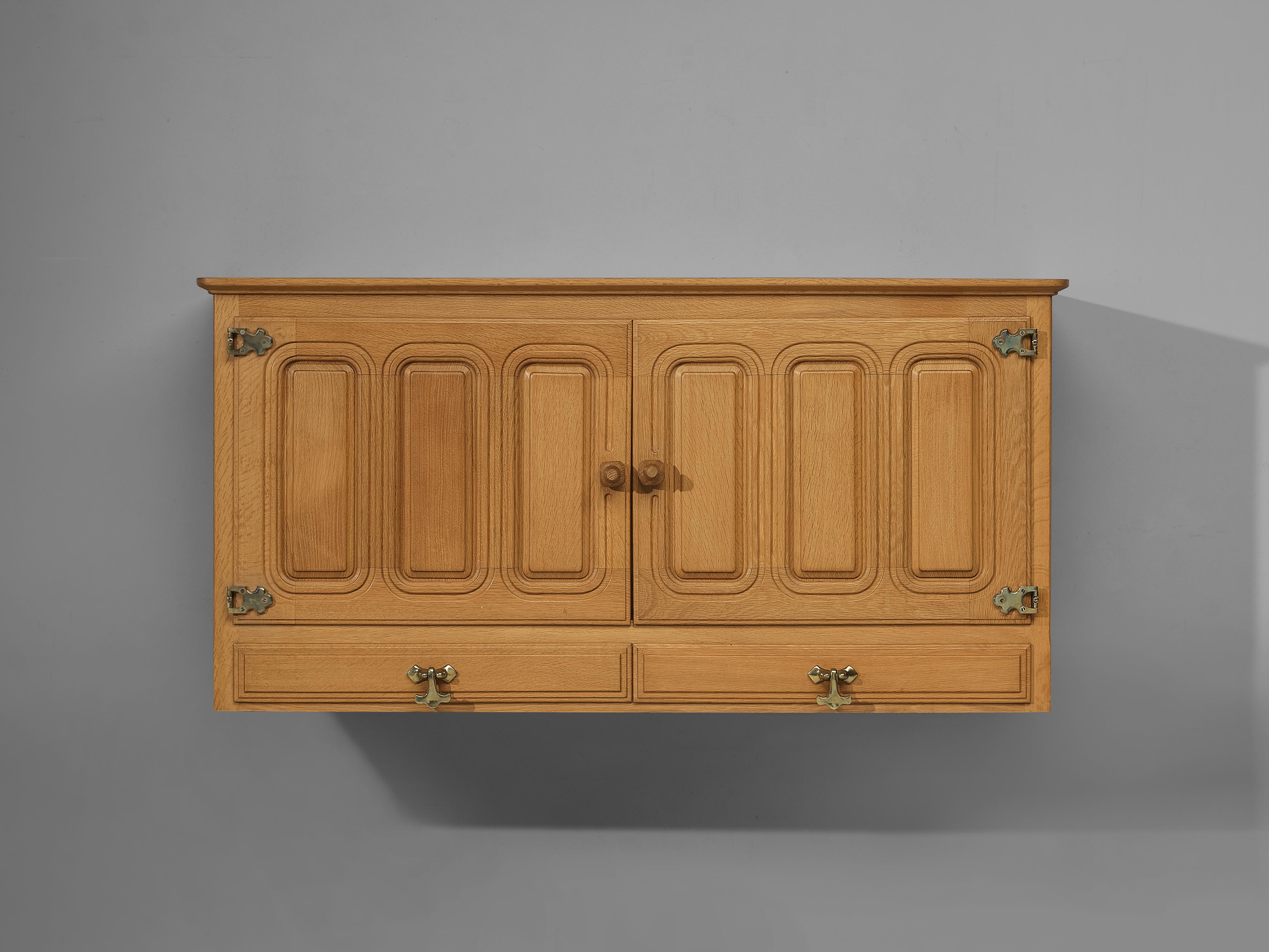 Guillerme et Chambron Wall-Mounted Sideboard in Oak and Brass In Good Condition In Waalwijk, NL