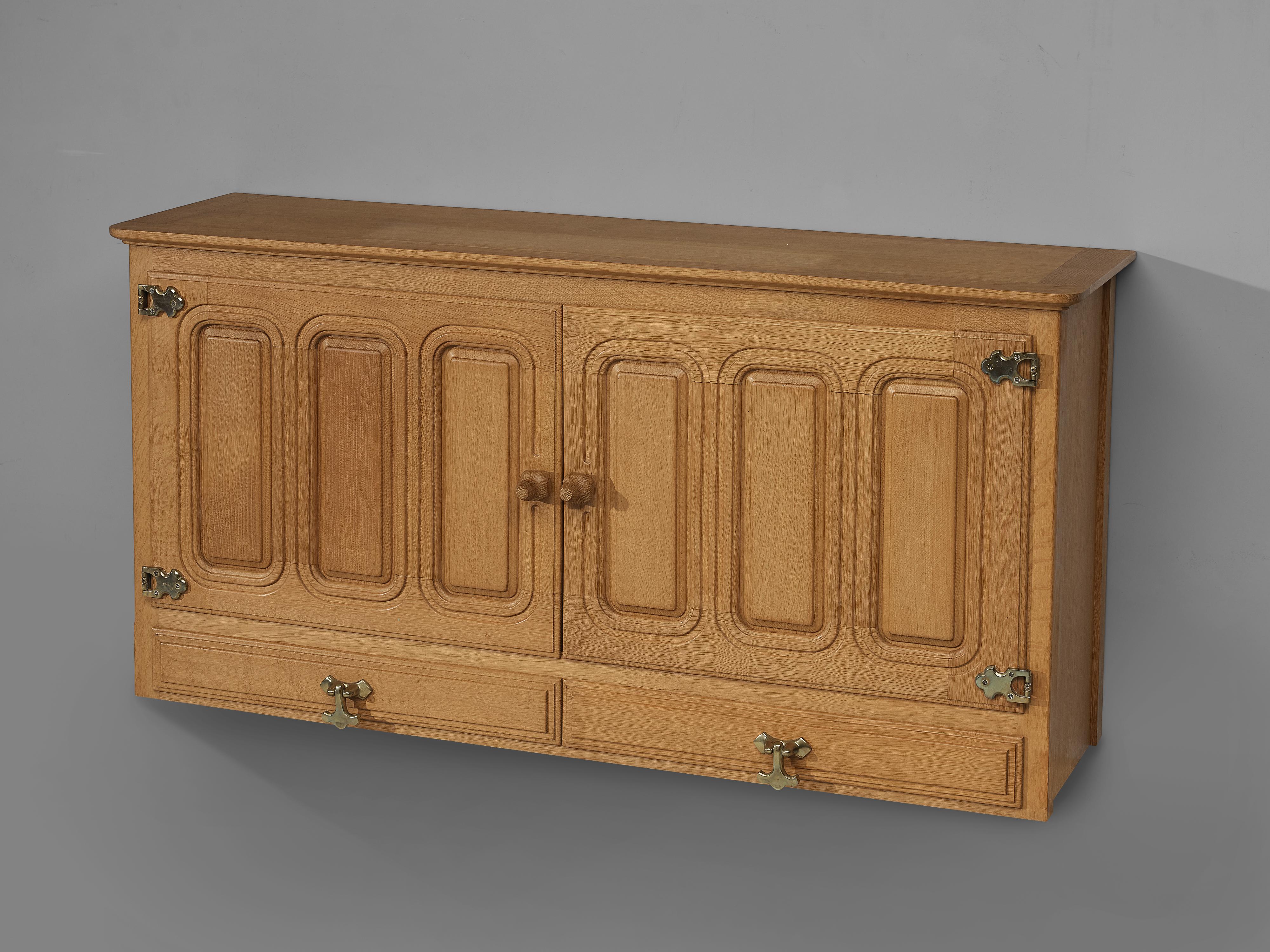 Guillerme et Chambron Wall-Mounted Sideboard in Oak and Brass 1