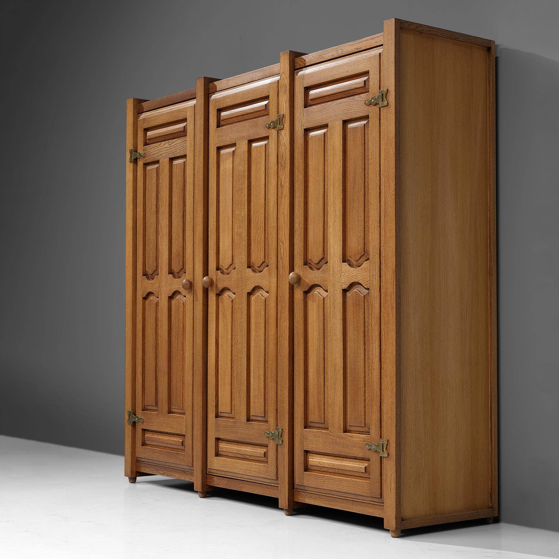 Guillerme & Chambron Wardrobe in Solid Oak and Brass For Sale 1