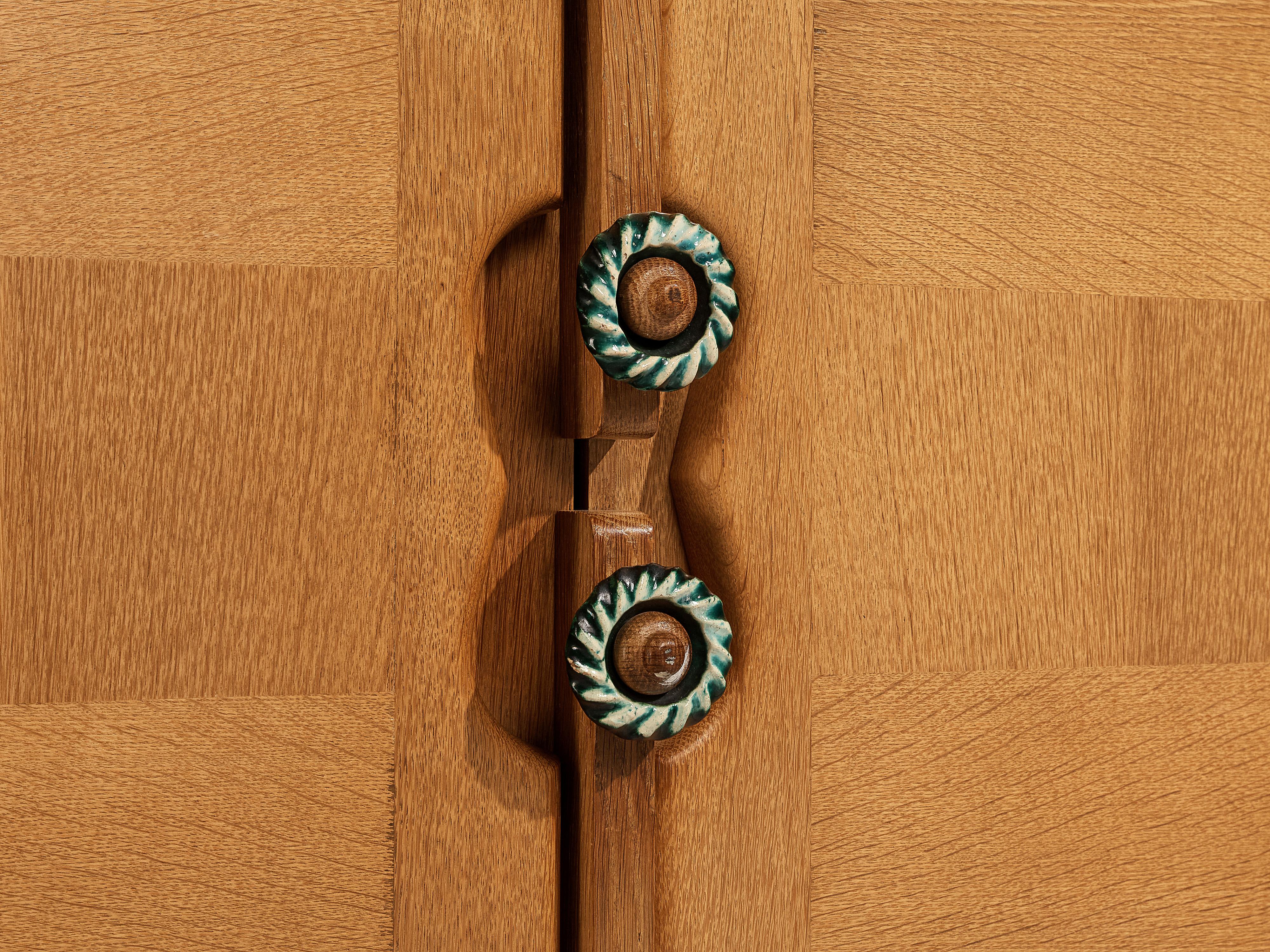 Mid-Century Modern Guillerme et Chambron Wardrobe in Oak with Ceramic Handles