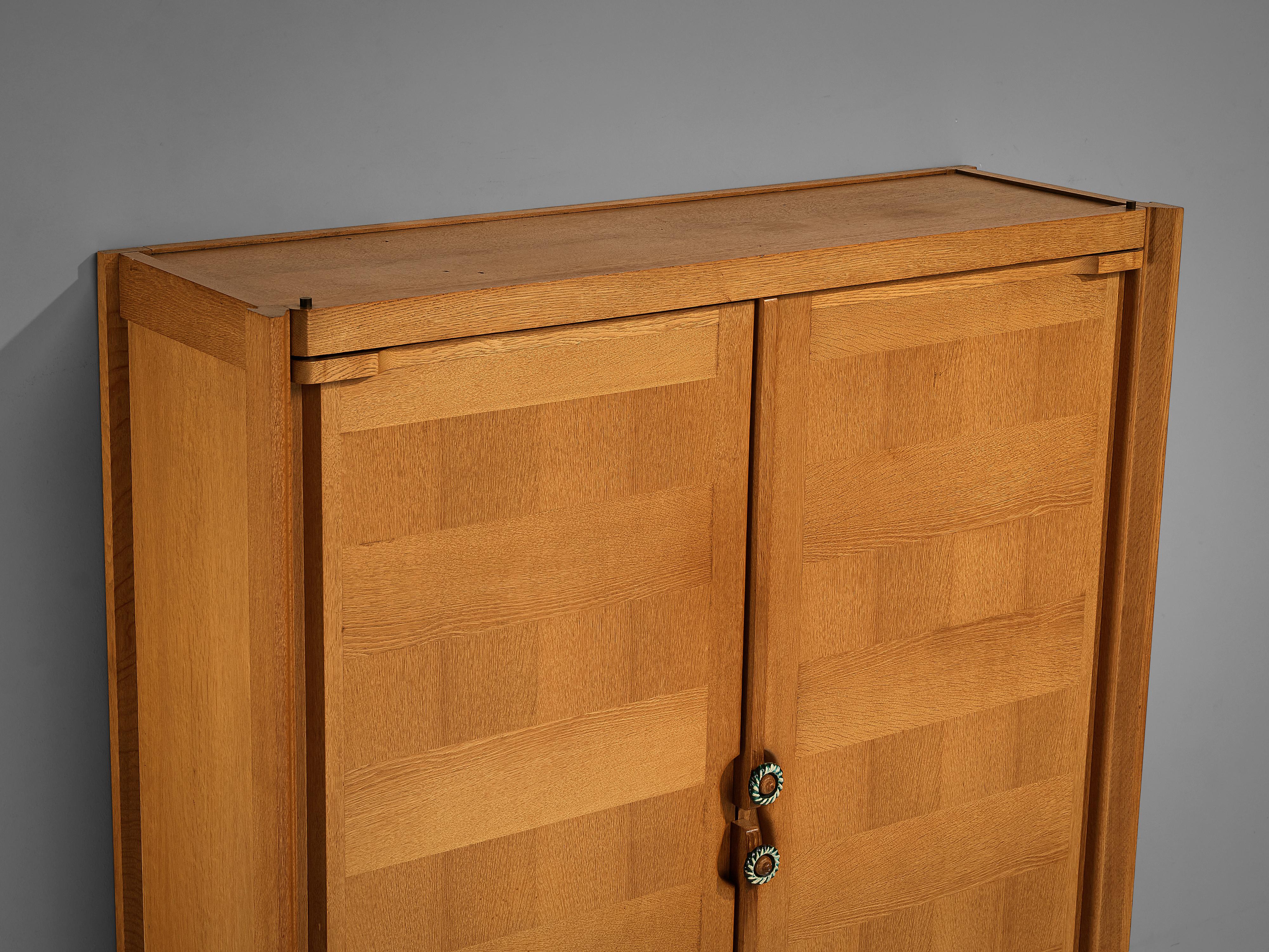 Mid-20th Century Guillerme et Chambron Wardrobe in Oak with Ceramic Handles