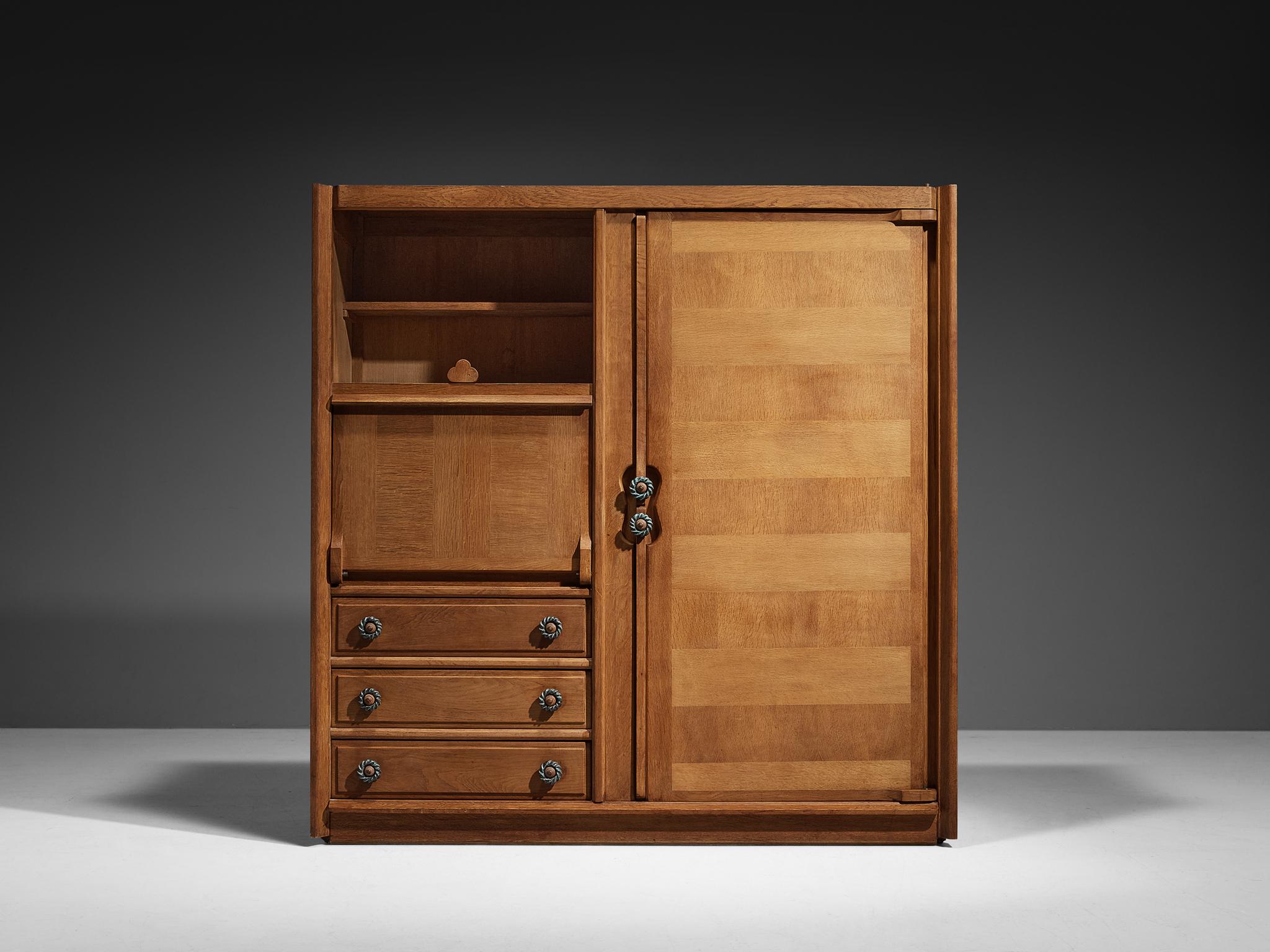 Mid-20th Century Guillerme et Chambron Wardrobe in Oak with Ceramic Handles 