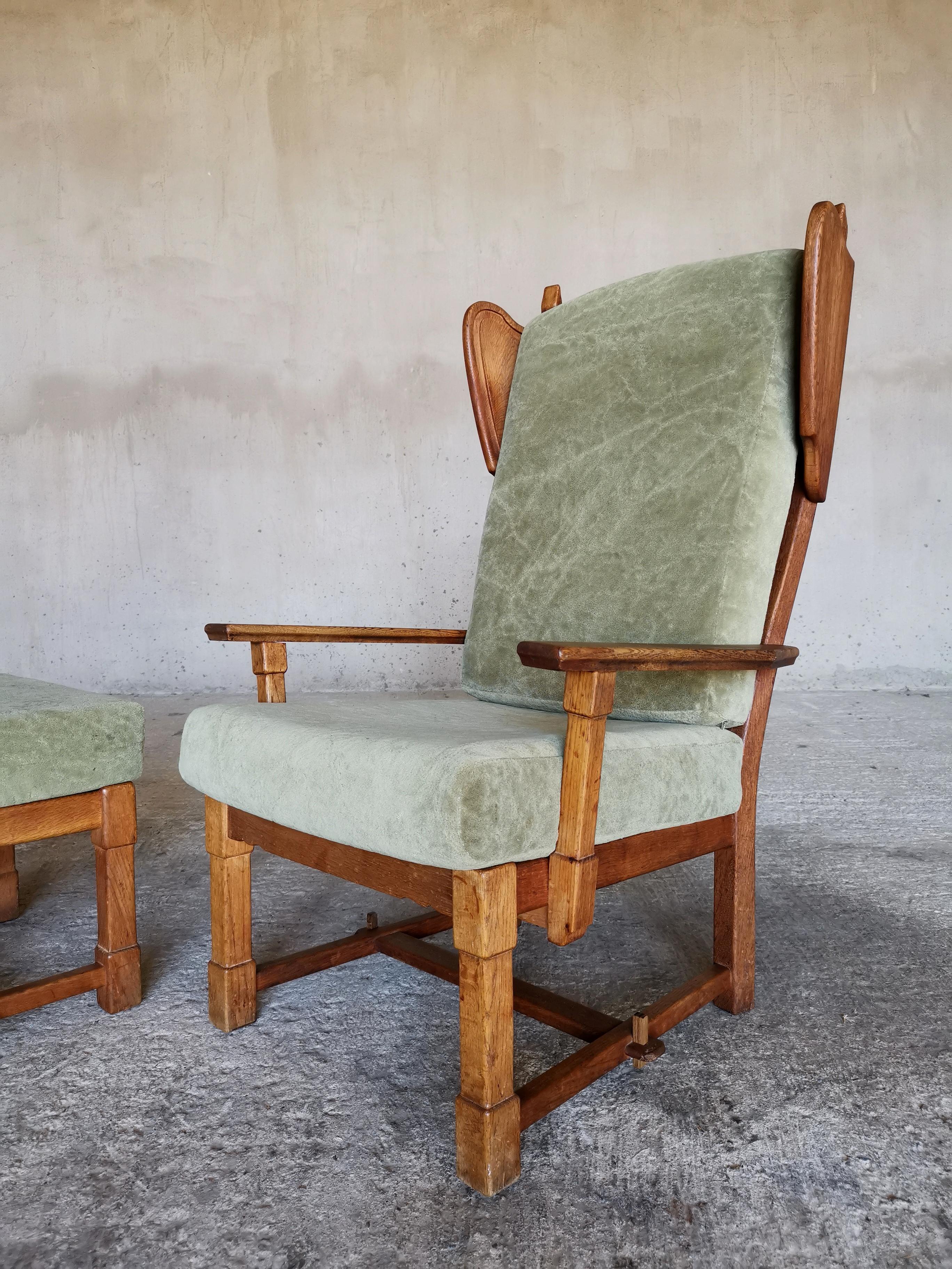 Guillerme et Chambron Wingback Chair  & Stool, Solid Oak & Velvet, France 1960s For Sale 4