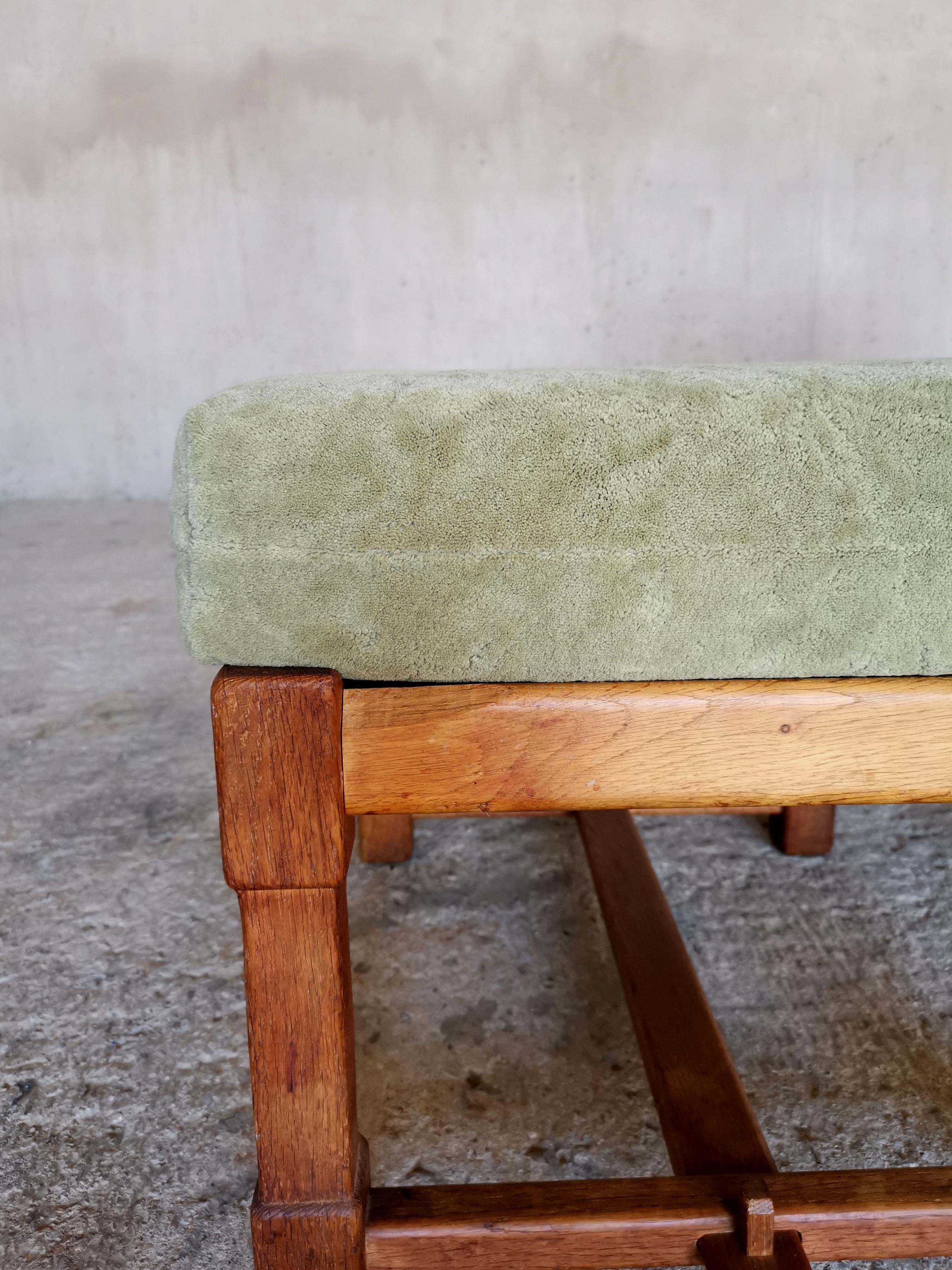 Guillerme et Chambron Wingback Chair  & Stool, Solid Oak & Velvet, France 1960s For Sale 5