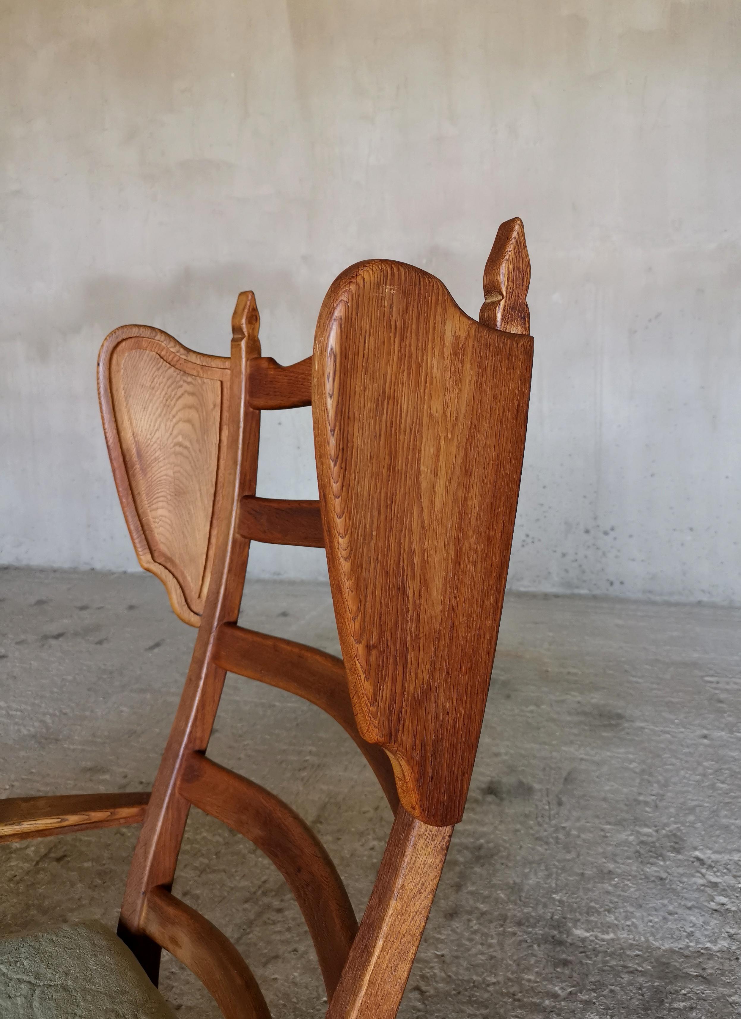 Guillerme et Chambron Wingback Chair  & Stool, Solid Oak & Velvet, France 1960s For Sale 6