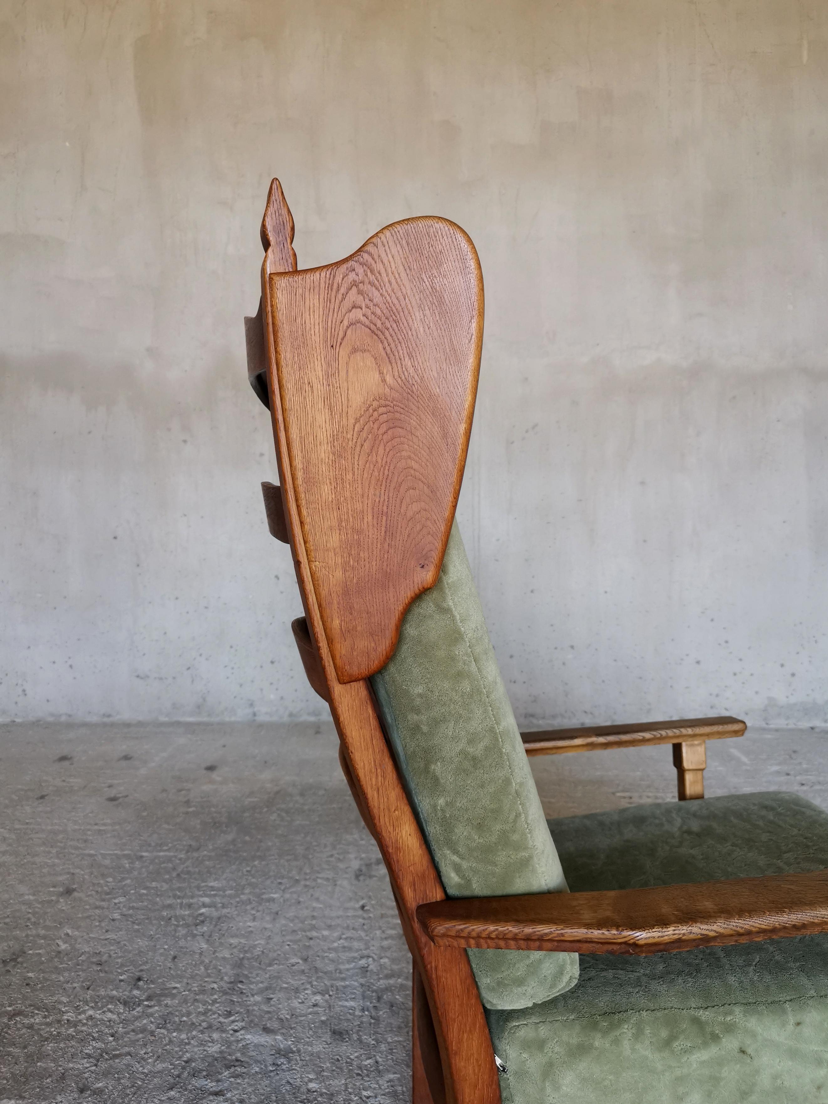 Guillerme et Chambron Wingback Chair  & Stool, Solid Oak & Velvet, France 1960s For Sale 8