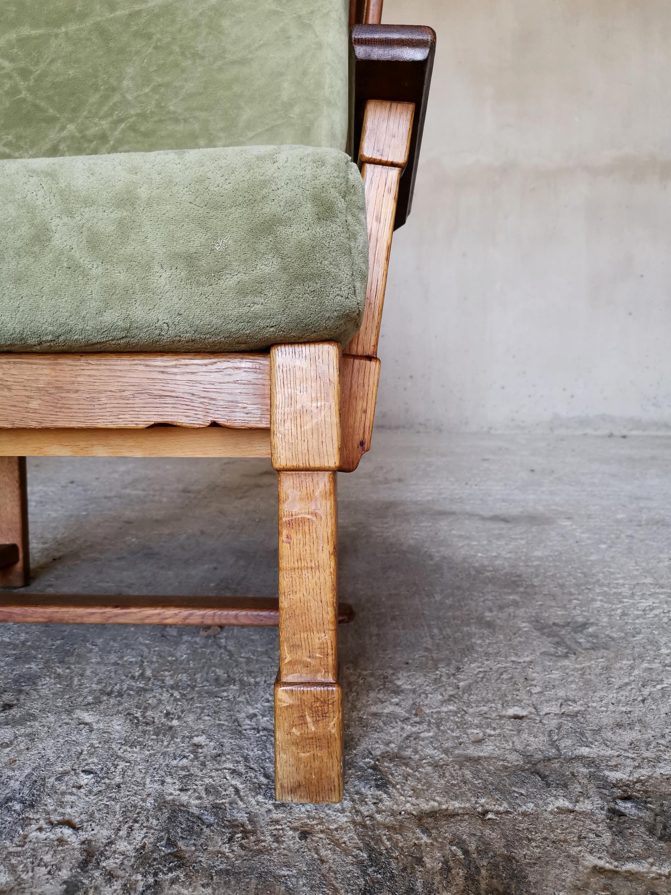 Guillerme et Chambron Wingback Chair  & Stool, Solid Oak & Velvet, France 1960s For Sale 9