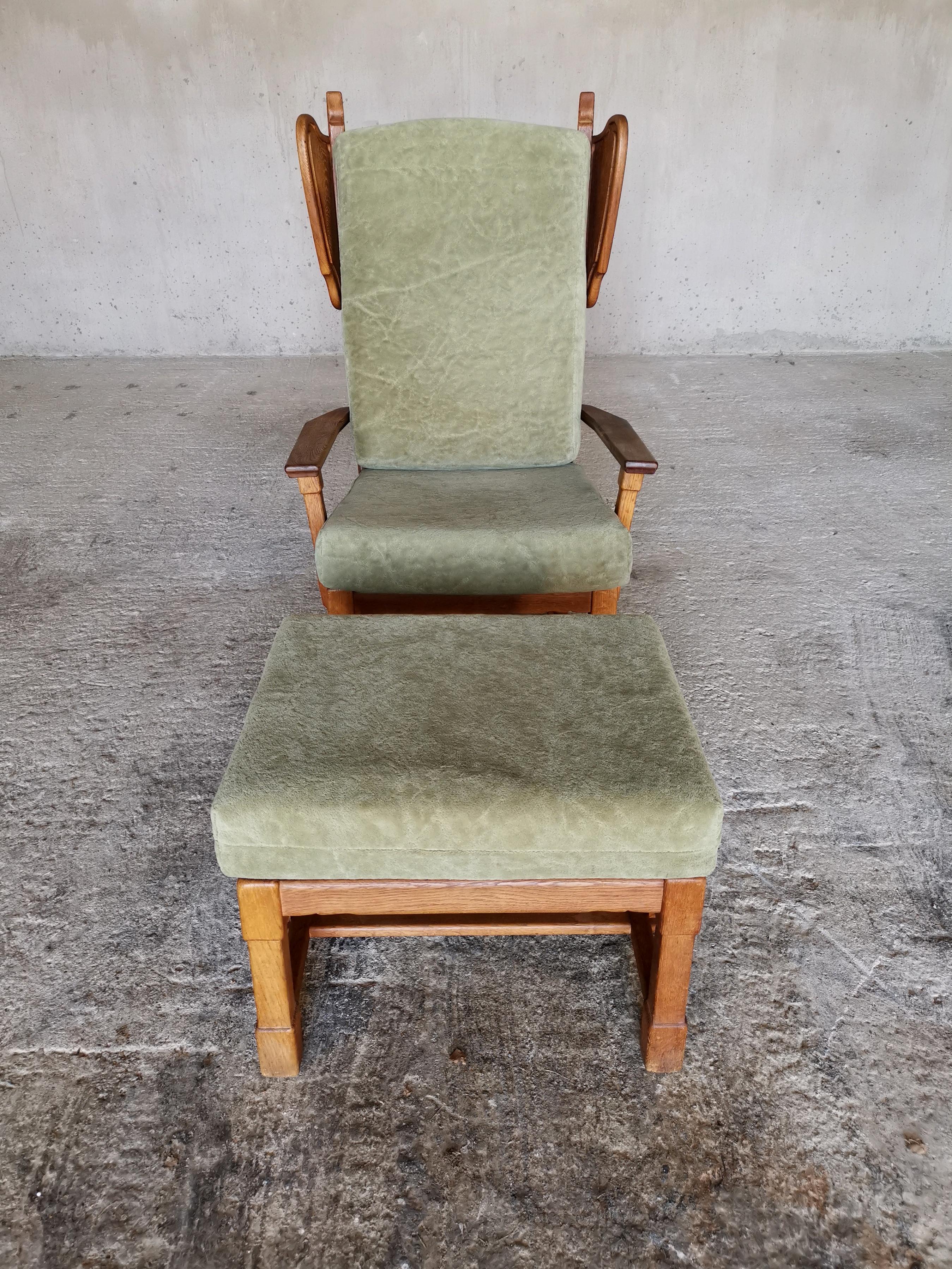 Guillerme et Chambron Wingback Chair  & Stool, Solid Oak & Velvet, France 1960s For Sale 10