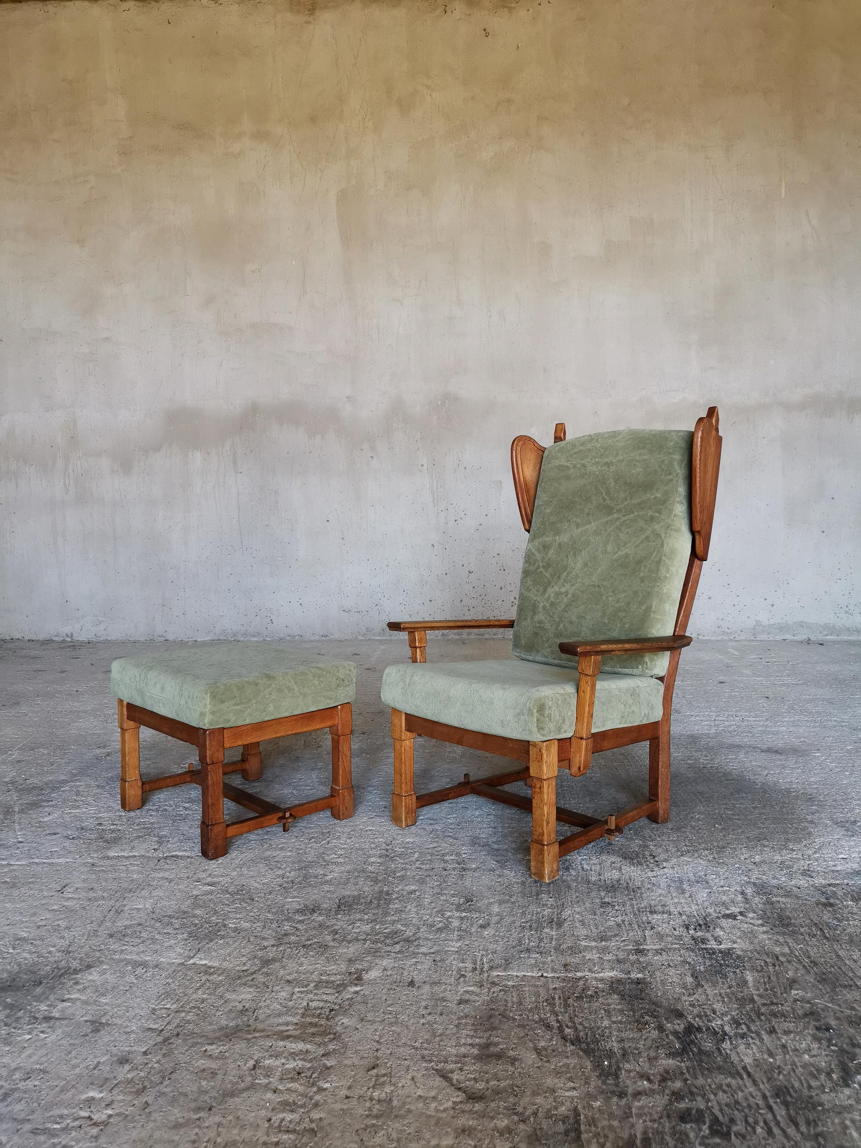 Guillerme et Chambron Wingback Chair  & Stool, Solid Oak & Velvet, France 1960s For Sale 11