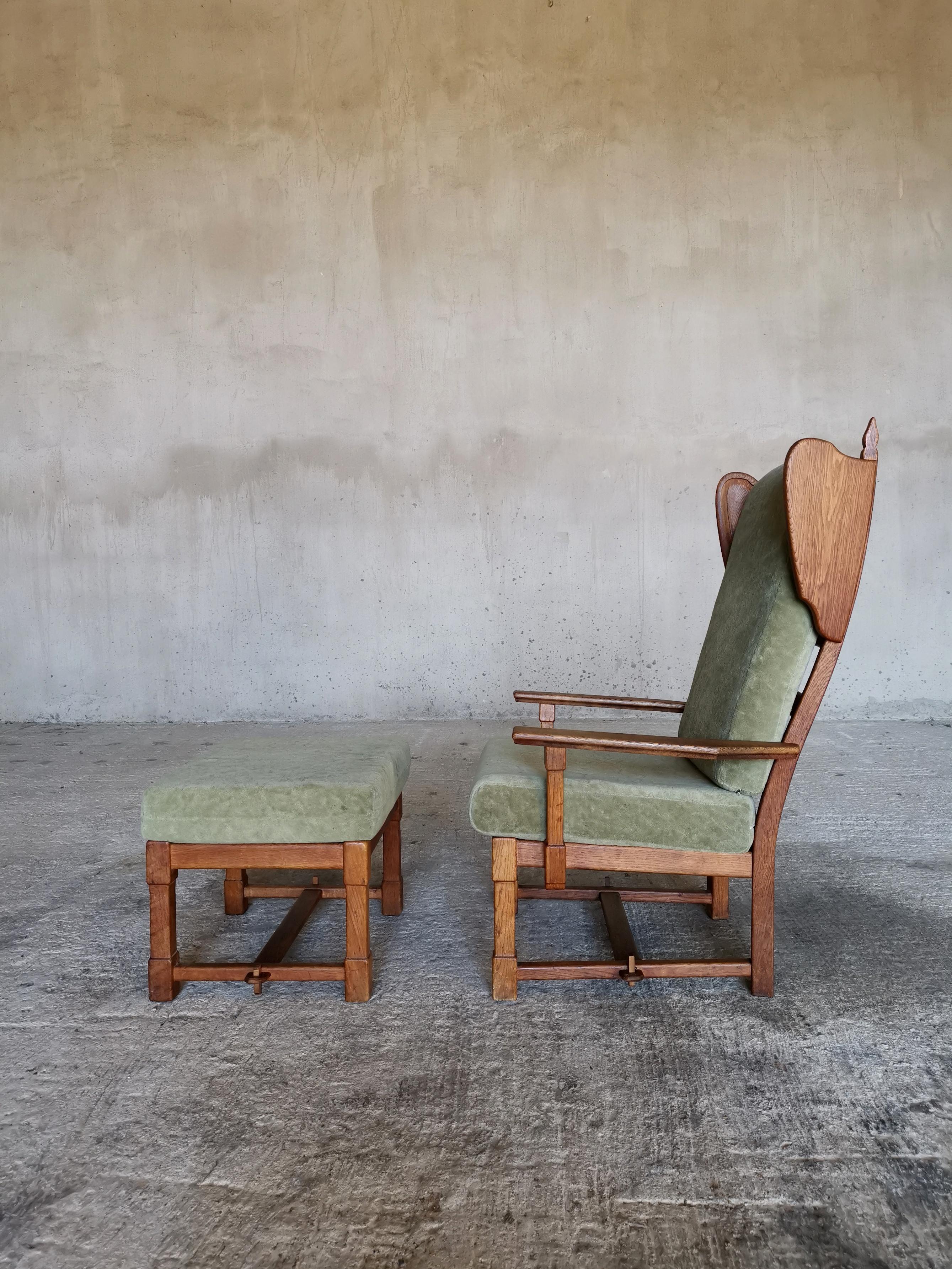 Mid-Century Modern Guillerme et Chambron Wingback Chair  & Stool, Solid Oak & Velvet, France 1960s For Sale