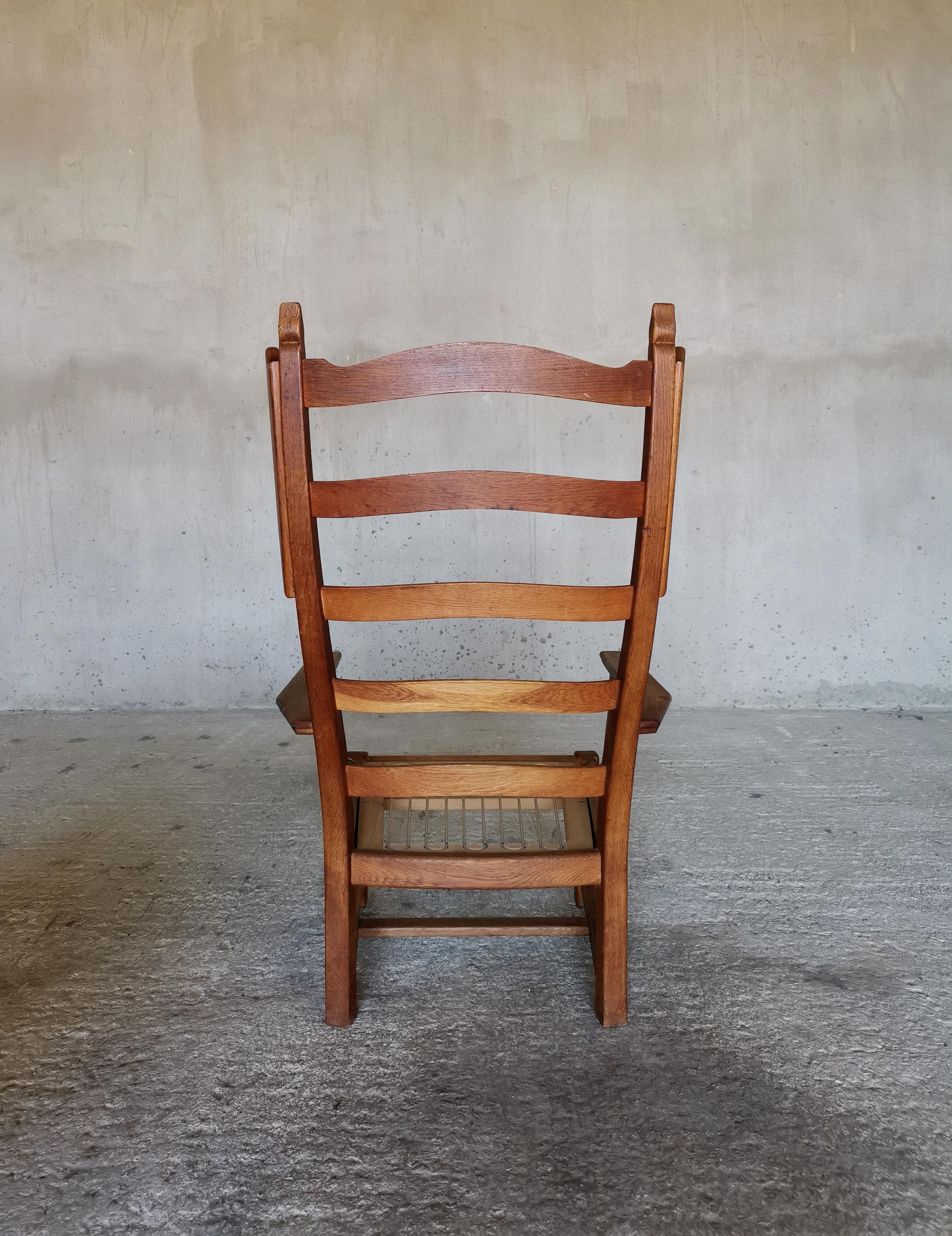 French Guillerme et Chambron Wingback Chair  & Stool, Solid Oak & Velvet, France 1960s For Sale