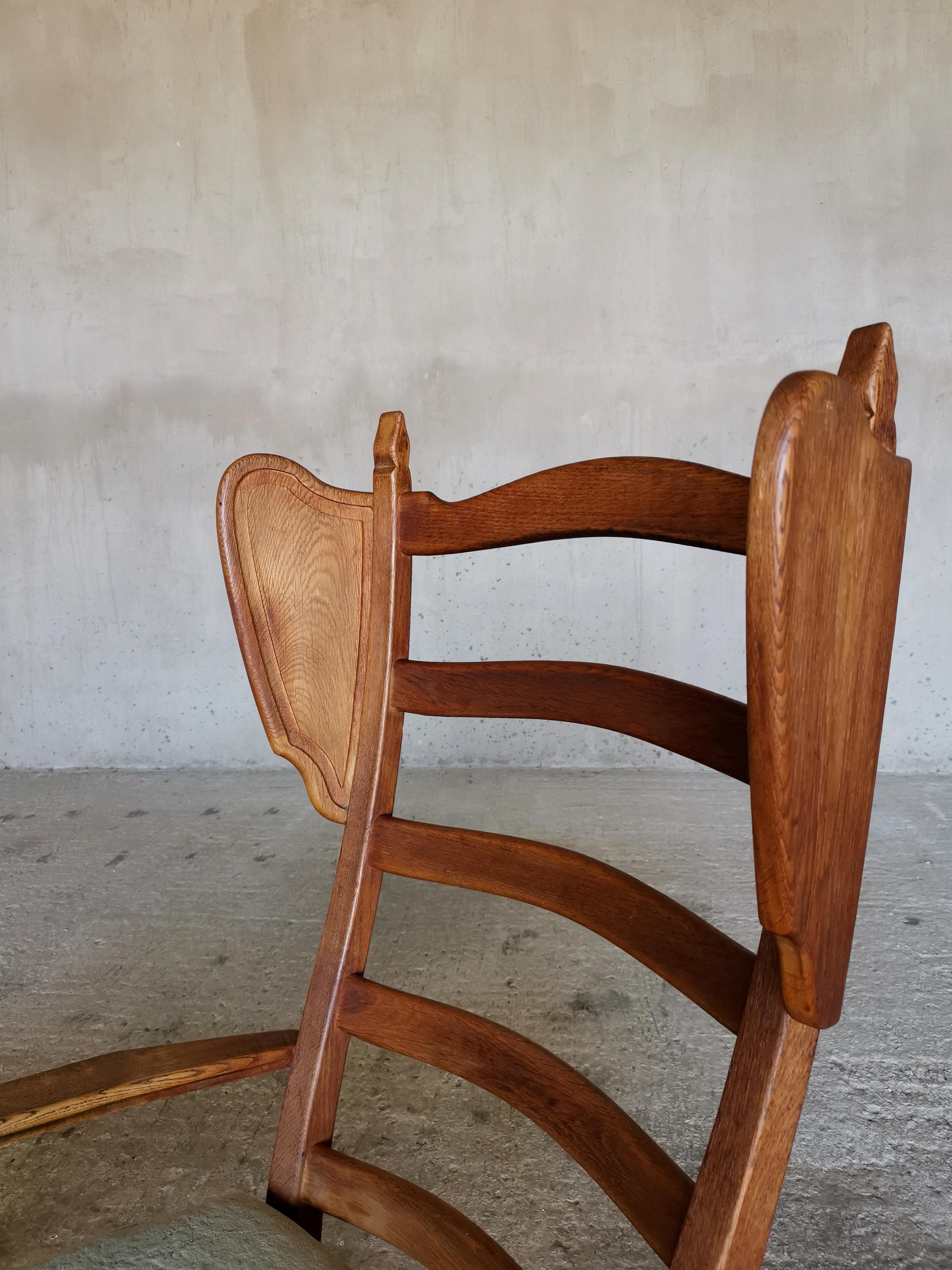 Joinery Guillerme et Chambron Wingback Chair  & Stool, Solid Oak & Velvet, France 1960s For Sale