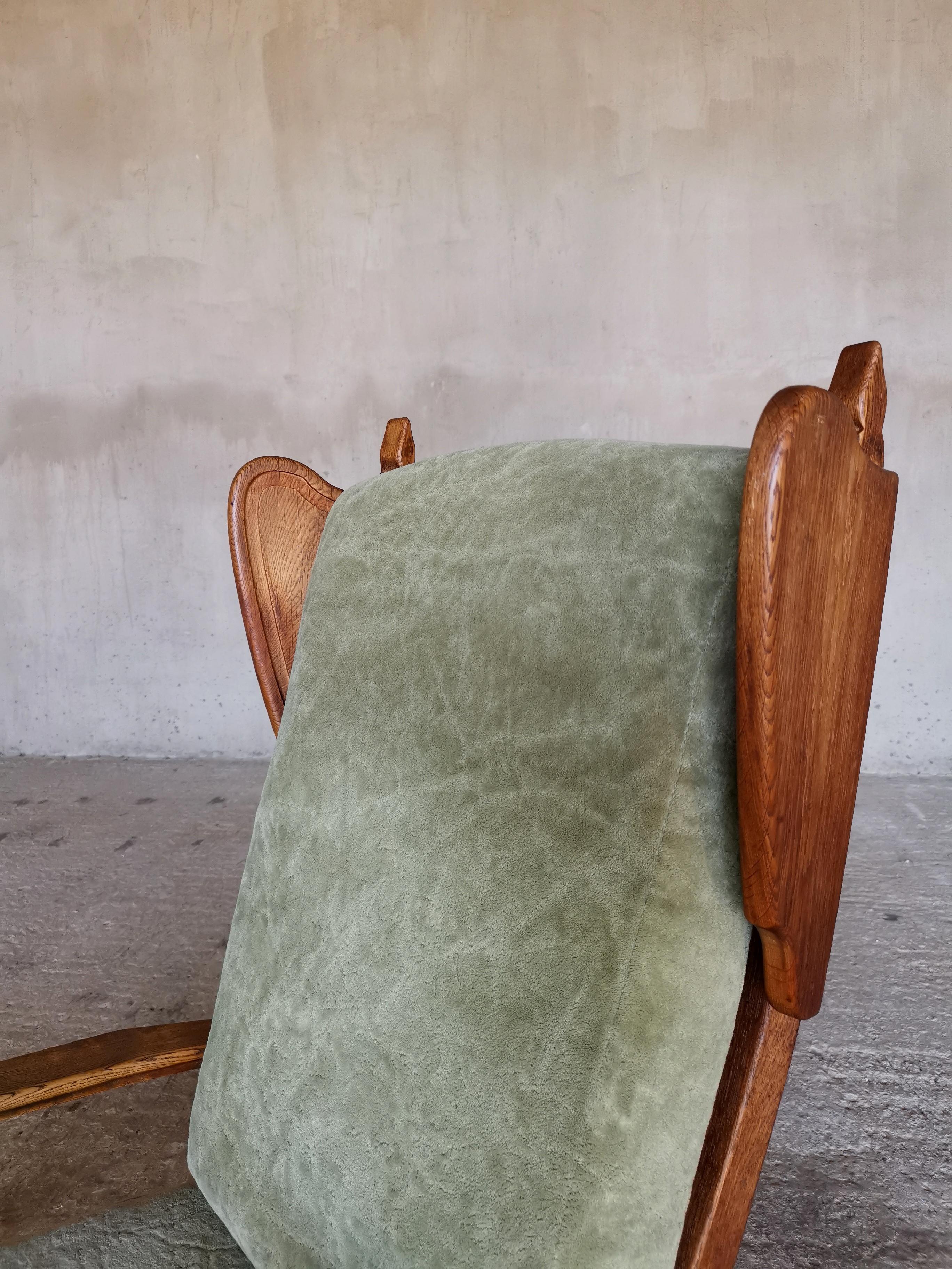 Guillerme et Chambron Wingback Chair  & Stool, Solid Oak & Velvet, France 1960s In Good Condition For Sale In Ystad, SE
