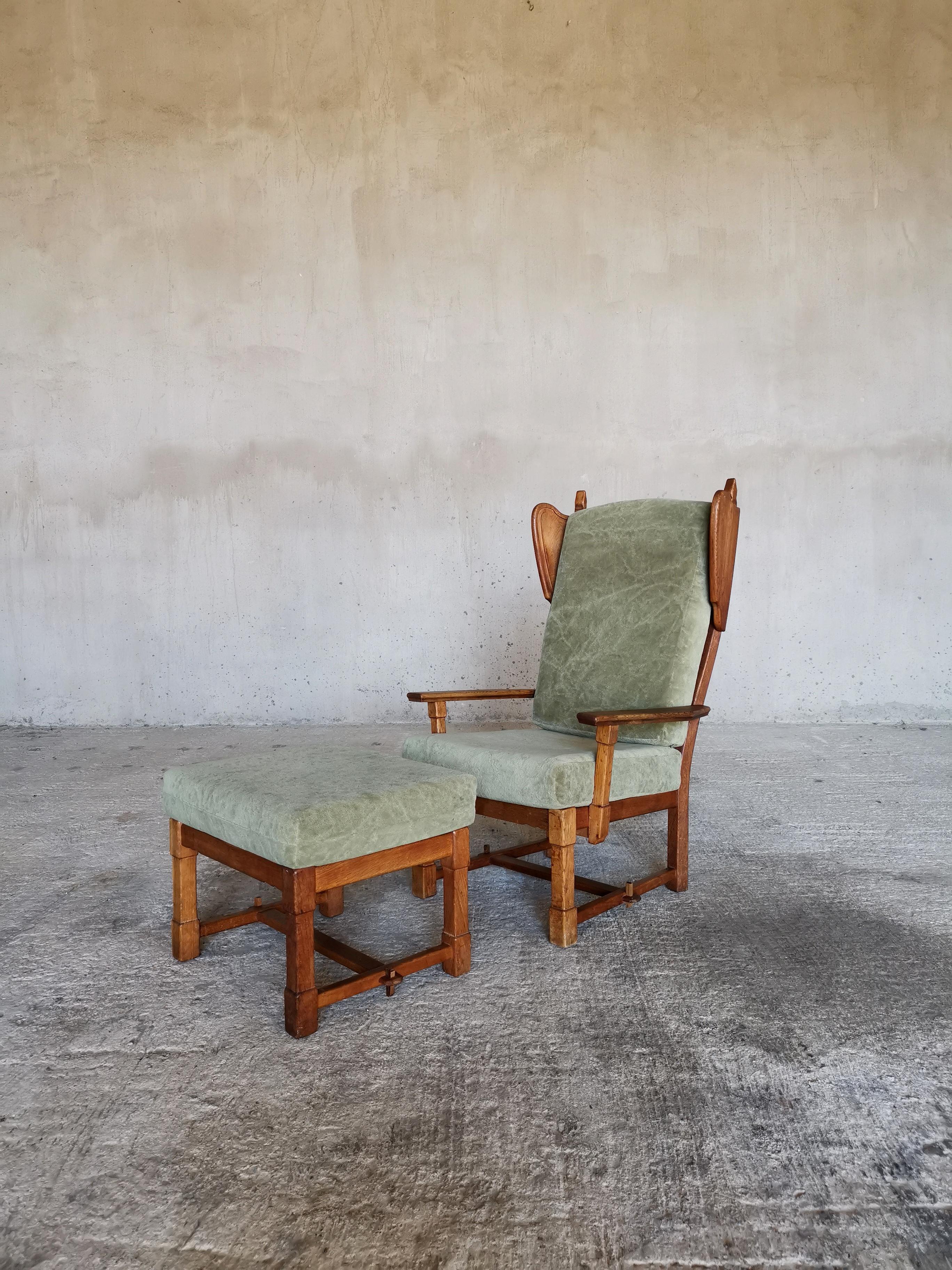 Mid-20th Century Guillerme et Chambron Wingback Chair  & Stool, Solid Oak & Velvet, France 1960s For Sale