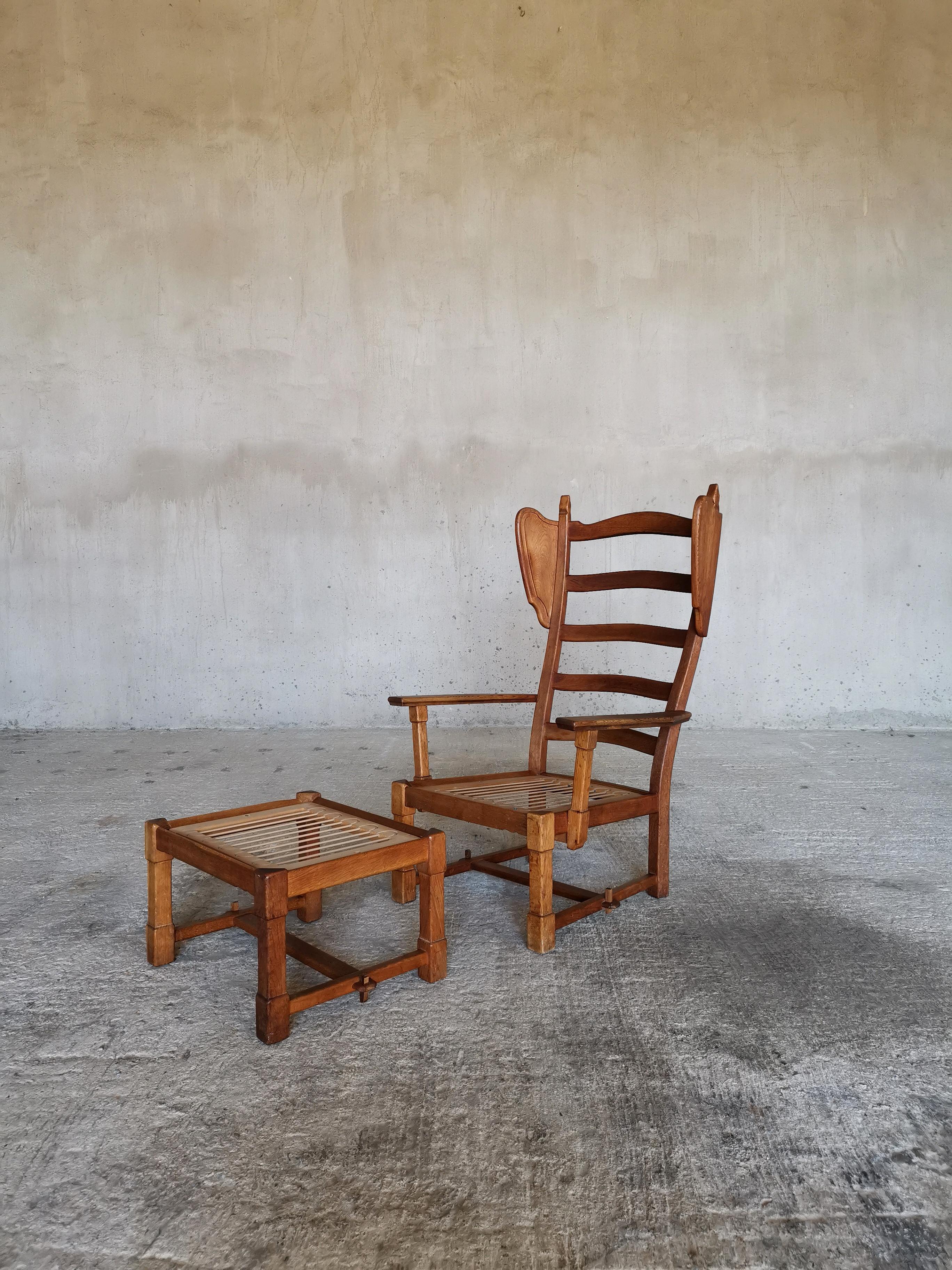 Guillerme et Chambron Wingback Chair  & Stool, Solid Oak & Velvet, France 1960s For Sale 1