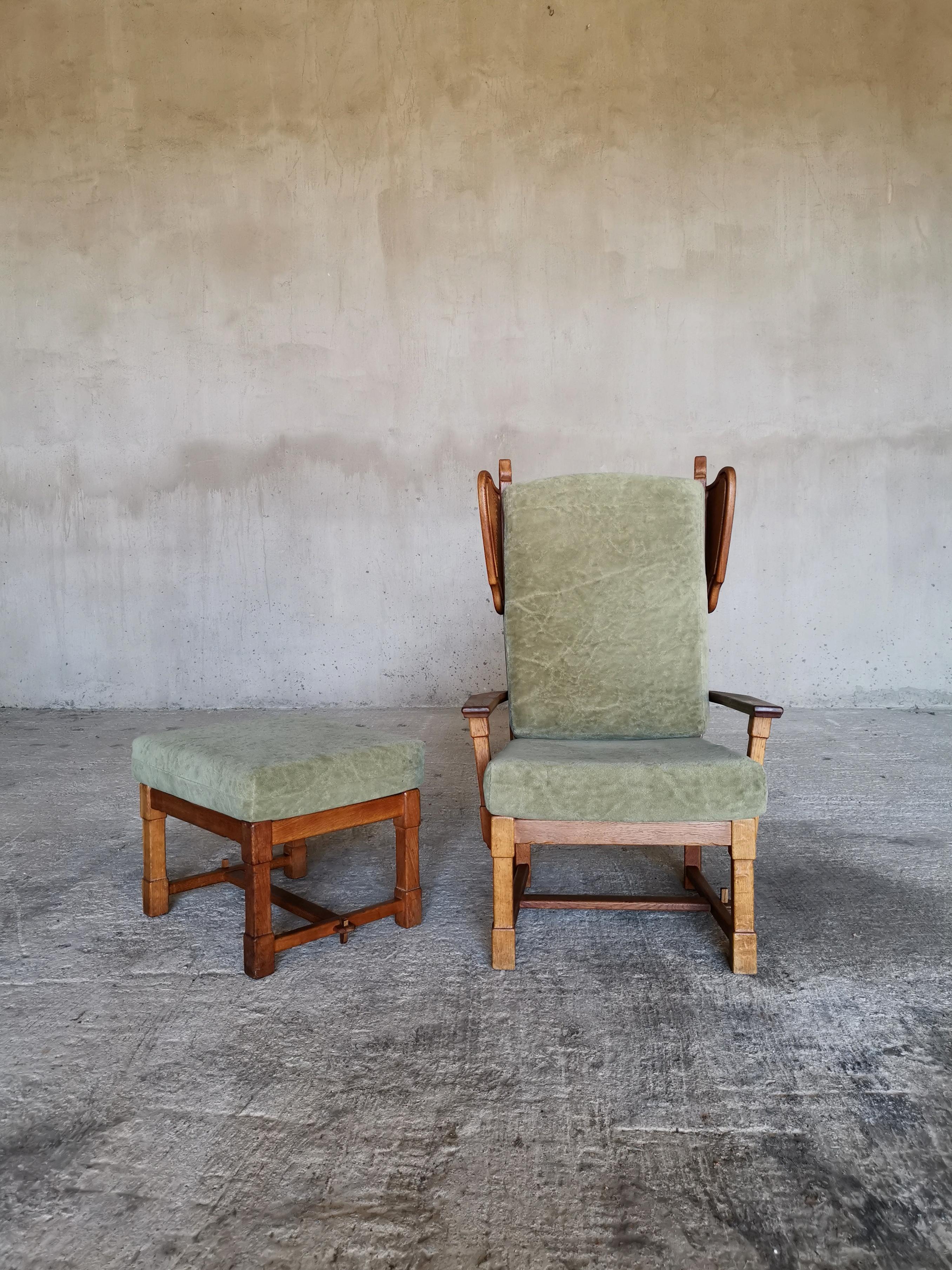 Guillerme et Chambron Wingback Chair  & Stool, Solid Oak & Velvet, France 1960s For Sale 2