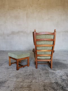 Guillerme et Chambron Wingback manner Chair & Stool, Oak & Mohair, France 1960s