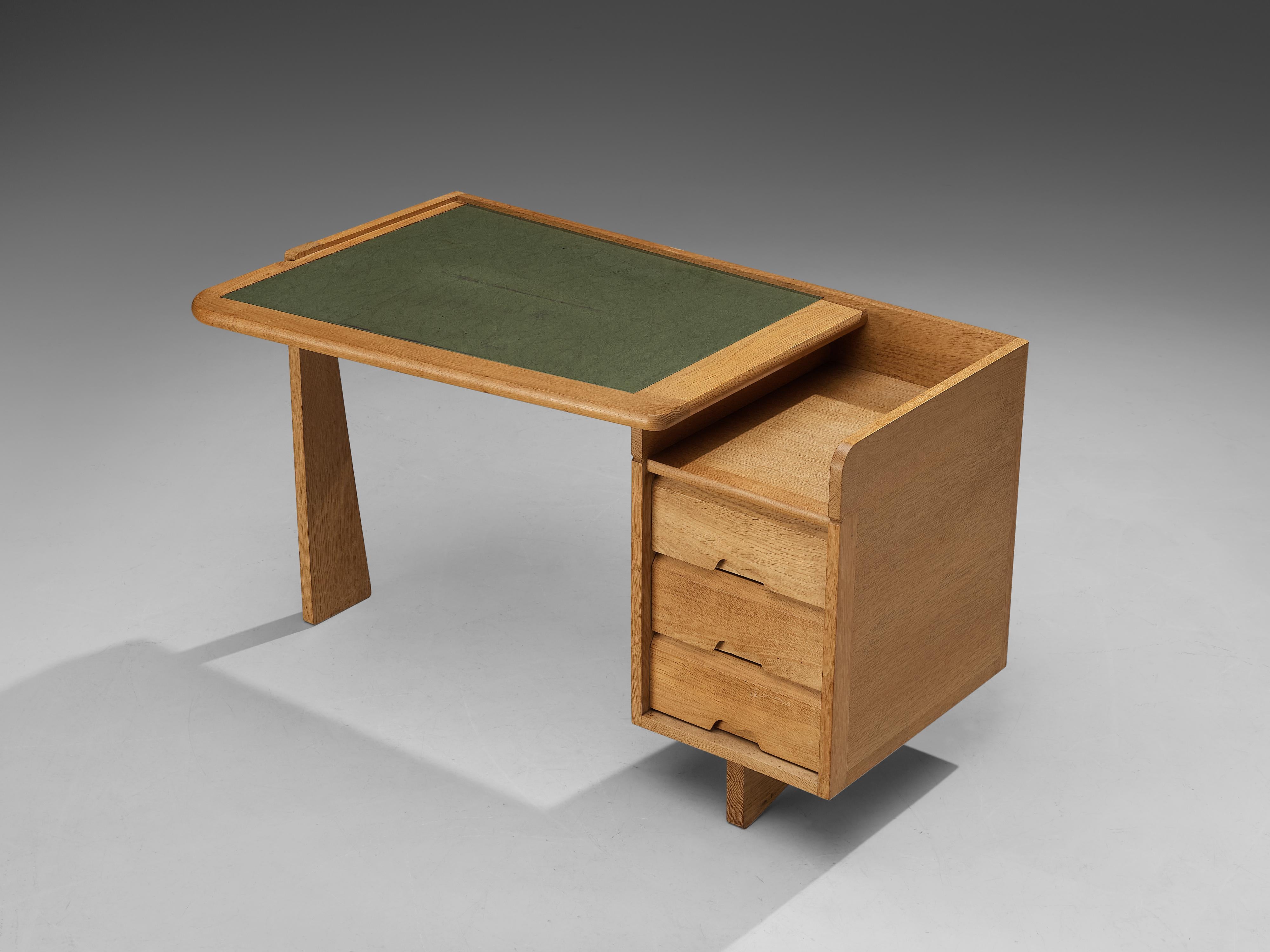 Mid-20th Century Guillerme et Chambron Writing Desk in Solid Oak and Leather