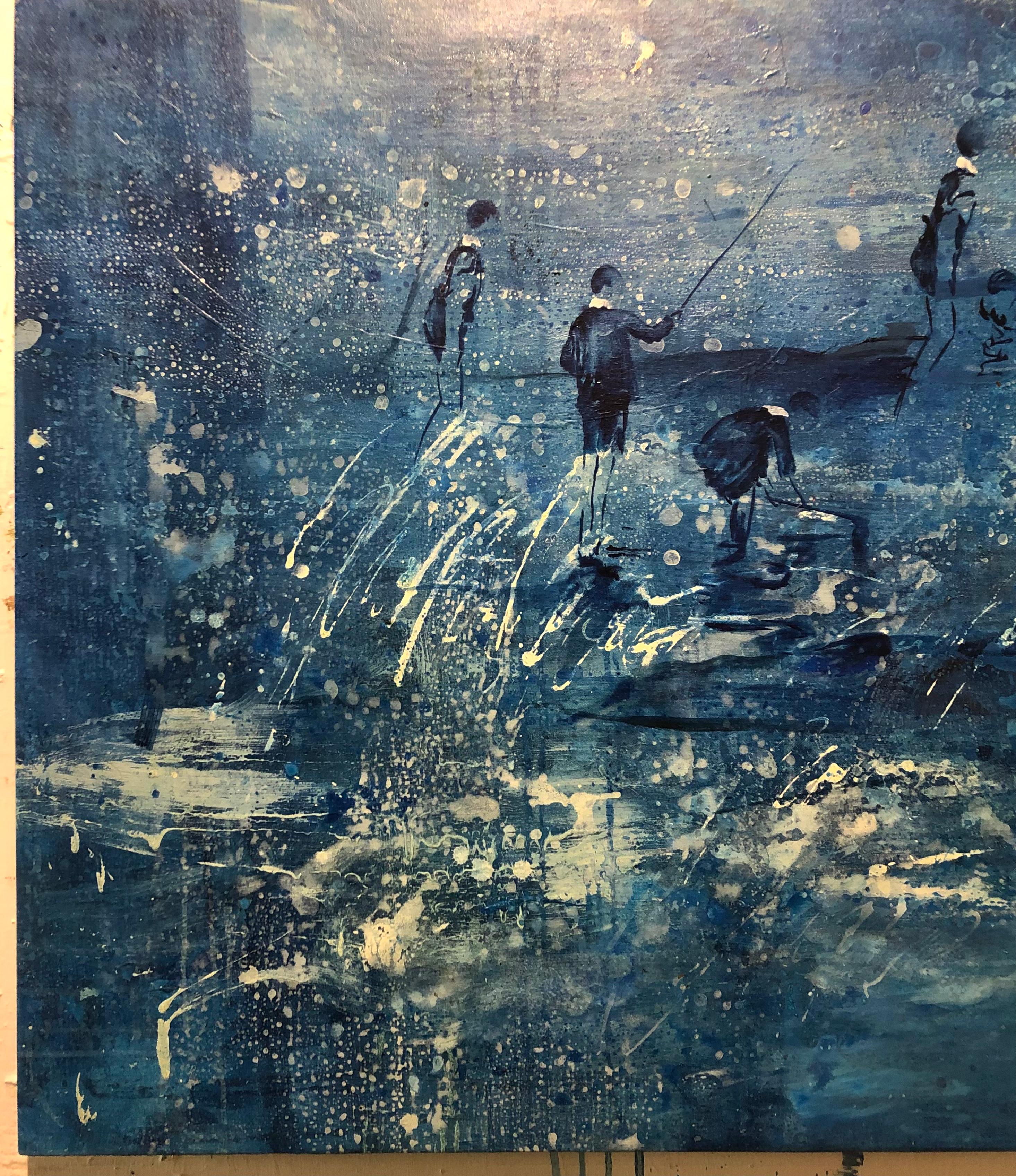 Niños en Azul - Blue Landscape Painting by Guillermo Conte