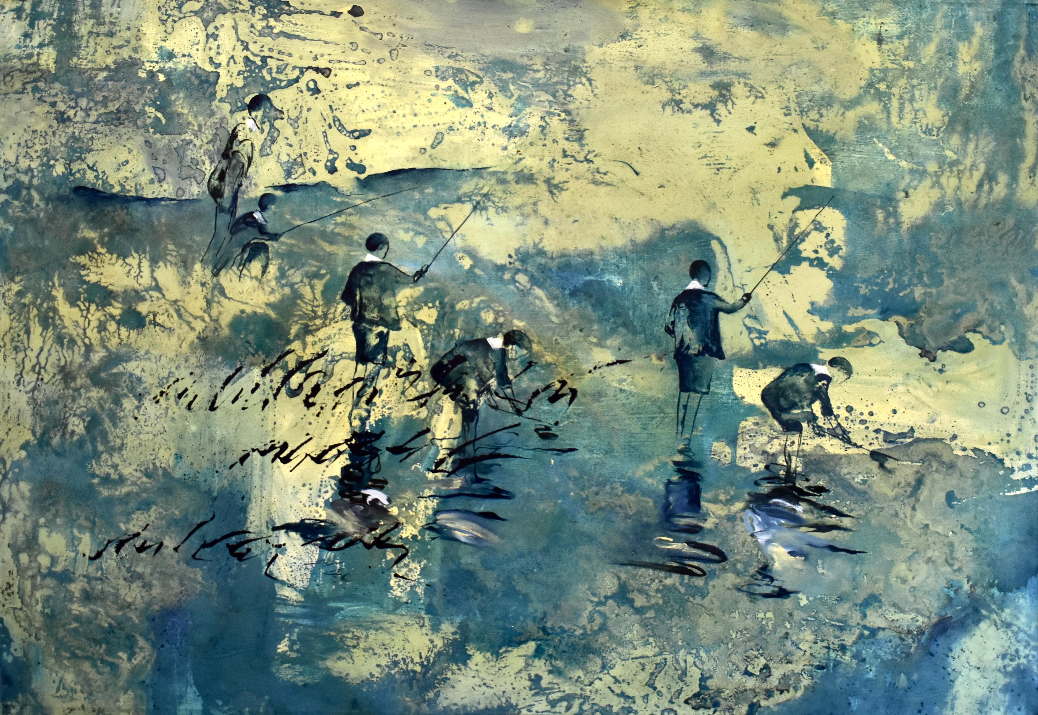 “Niños Pescando” 2018, Canvas, Oil Paint, Abstract Contemporary painting 