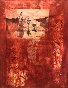 “Niños Pescando” 2020, Canvas, Oil Paint, Collage, Abstract Contemporary