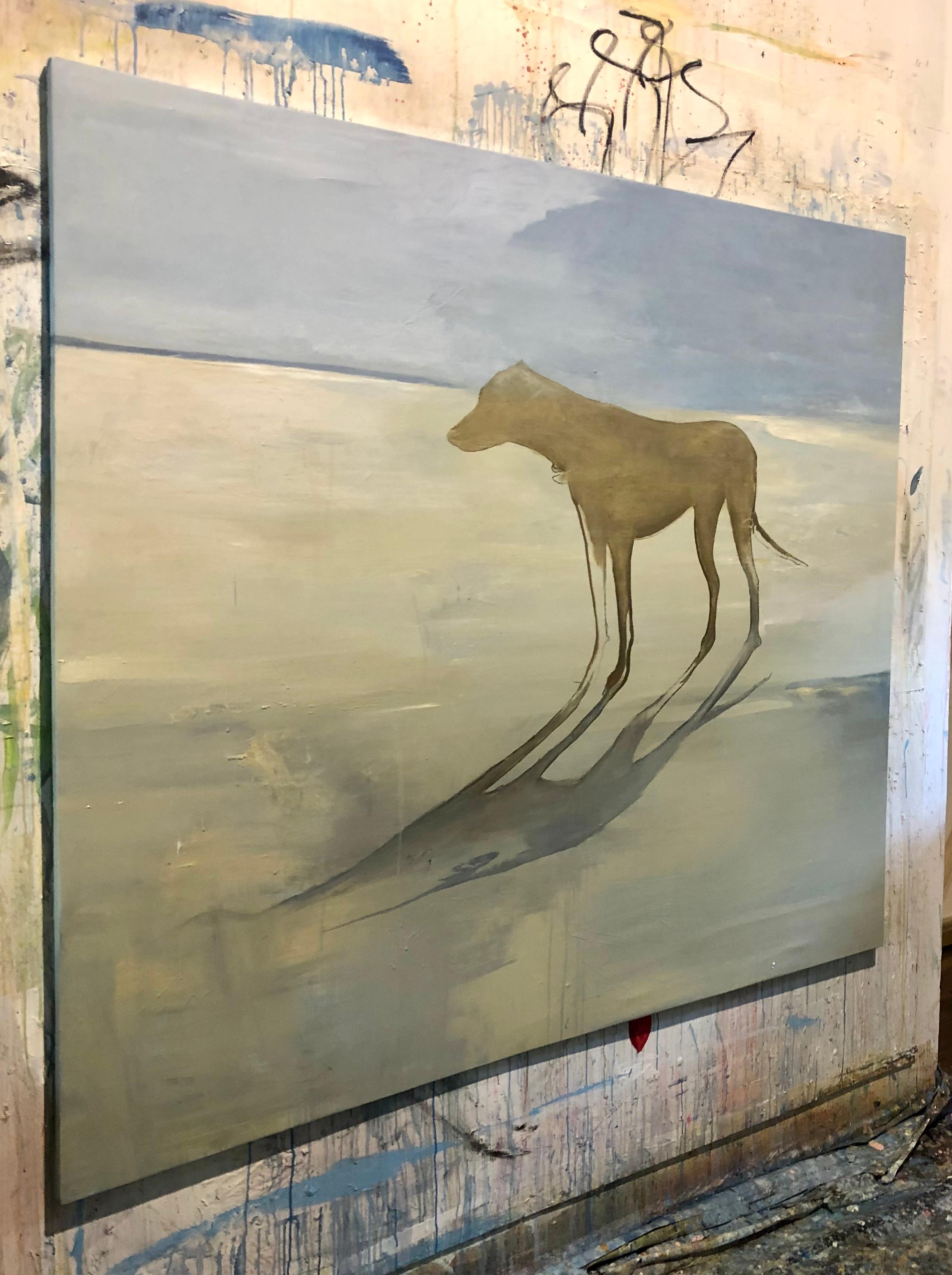 Perro en Playa Grande, Canvas, Oil paint - Painting by Guillermo Conte