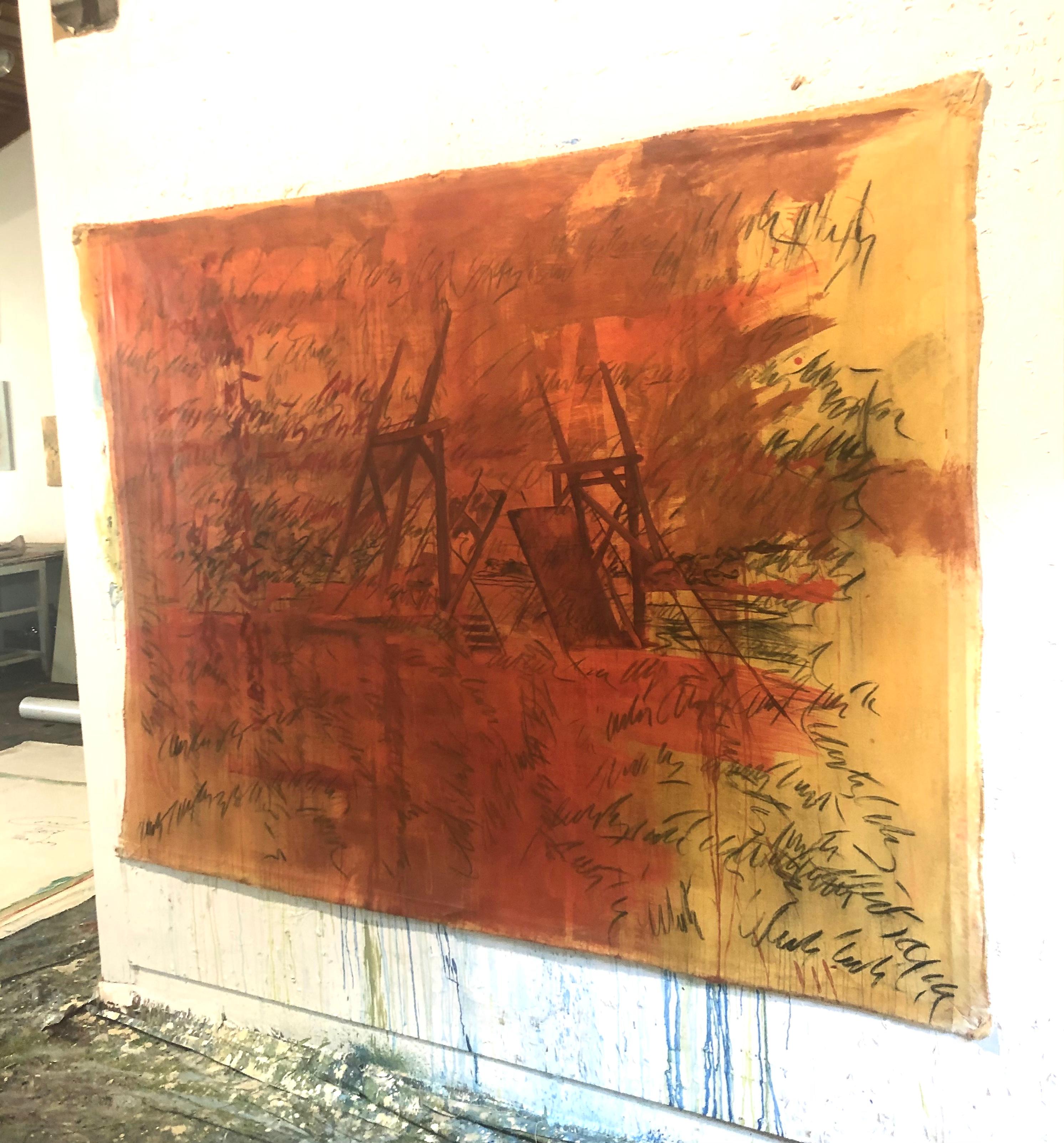 “Puente de Langlois”, 2018 Canvas, Mixed Media, Abstract Contemporary painting - Brown Landscape Painting by Guillermo Conte