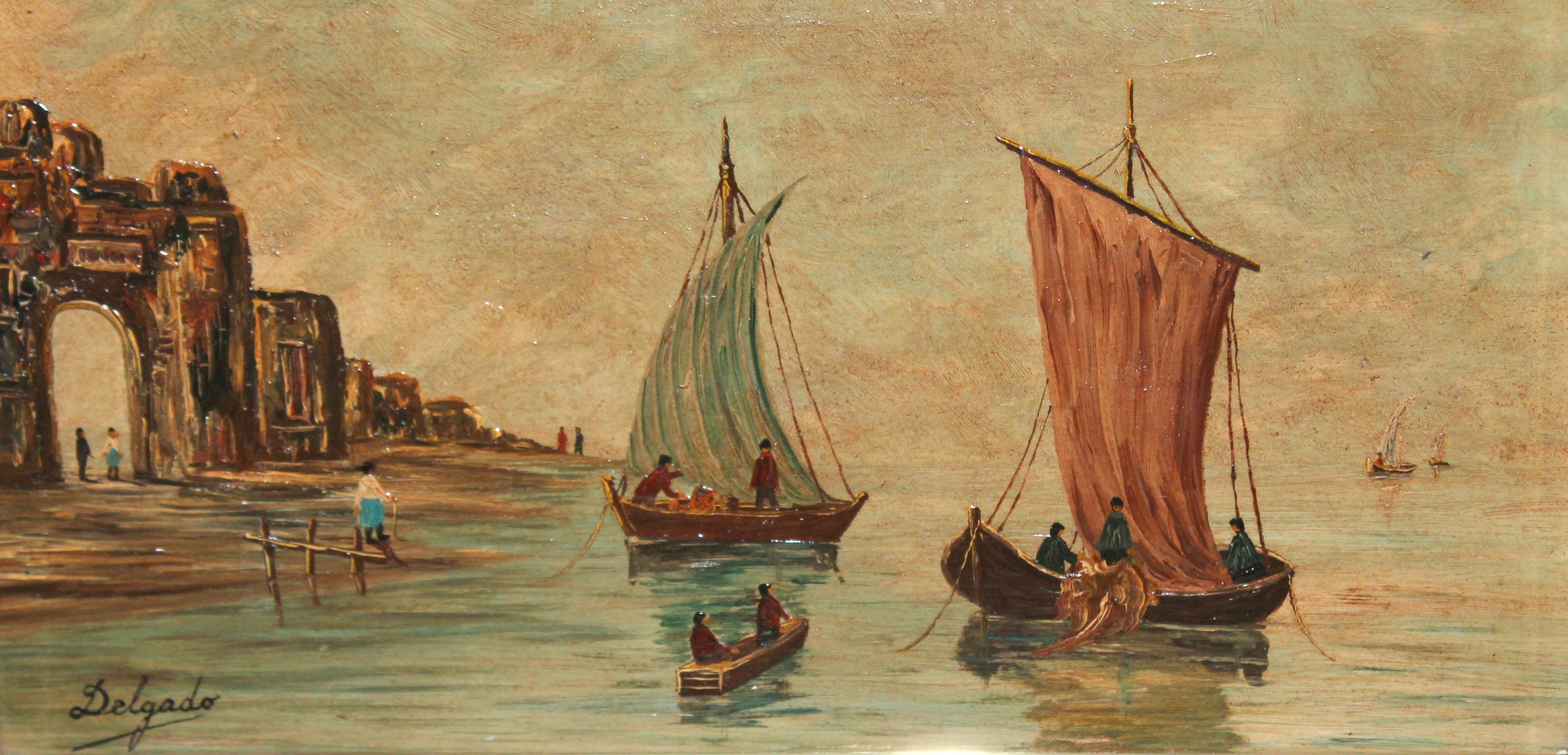 Barcas al atardecer en la costa - Óleo sobre tabla - Painting de Guillermo Delgado Ramos