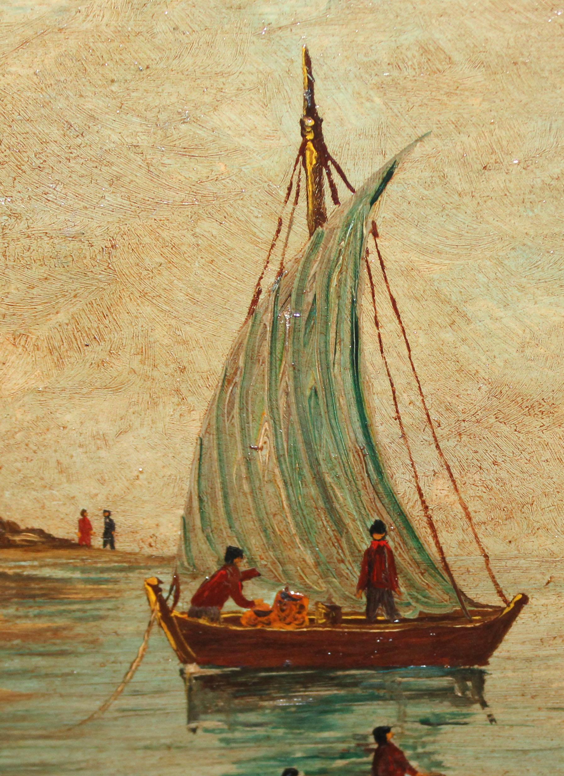 Barcas al atardecer en la costa - Óleo sobre tabla en venta 1