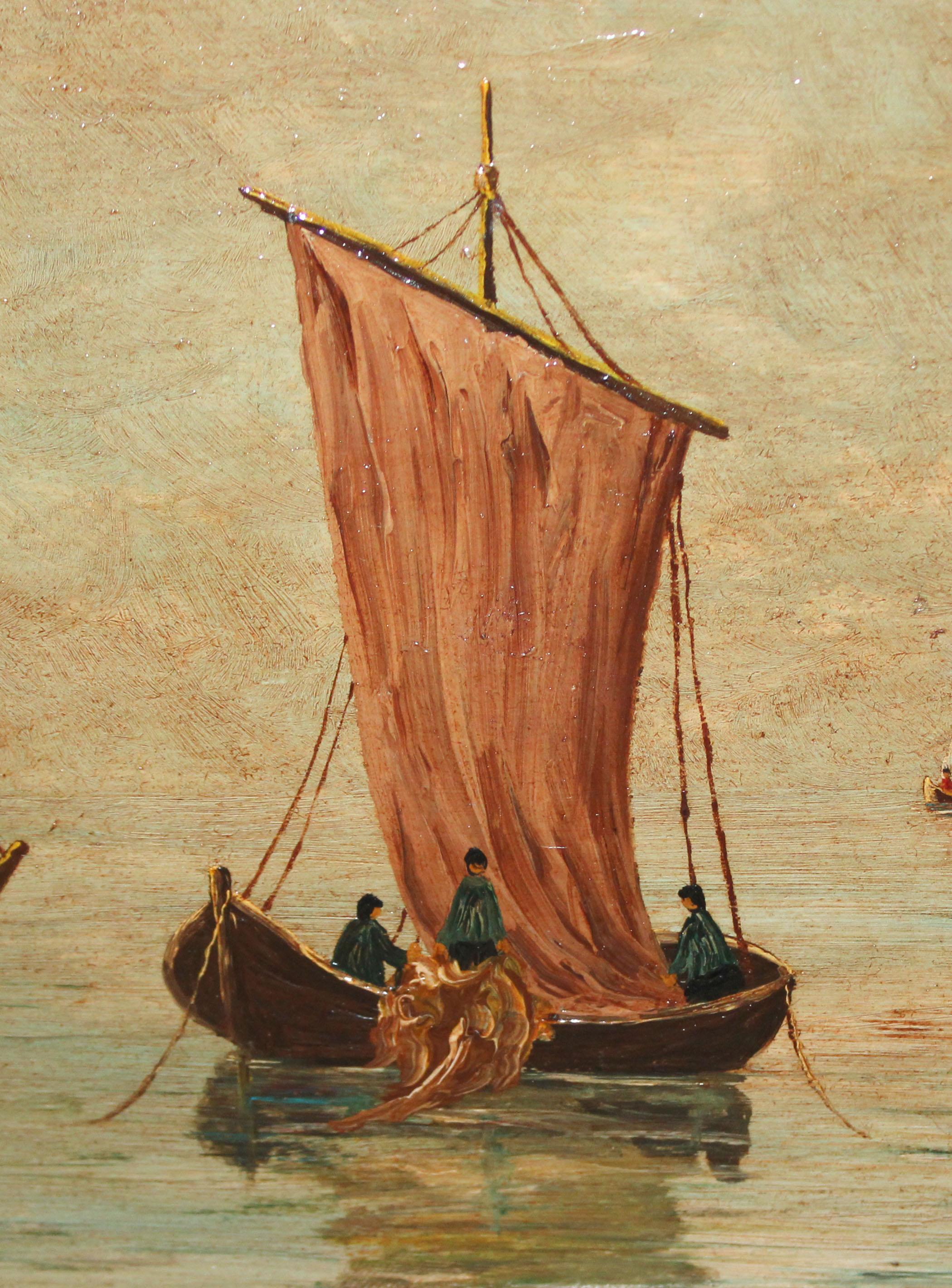 Barcas al atardecer en la costa - Óleo sobre tabla en venta 2