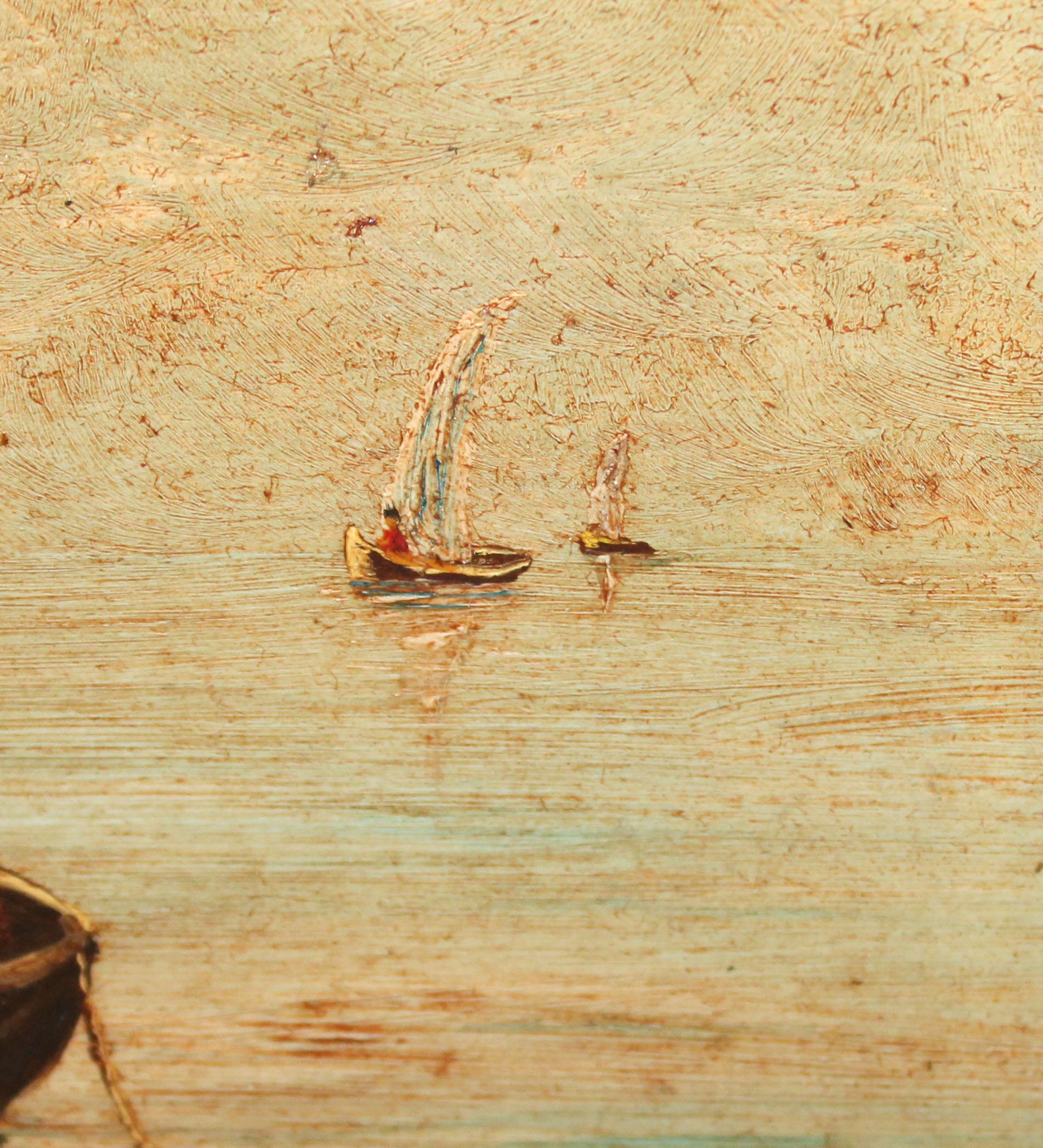 Barcas al atardecer en la costa - Óleo sobre tabla en venta 3