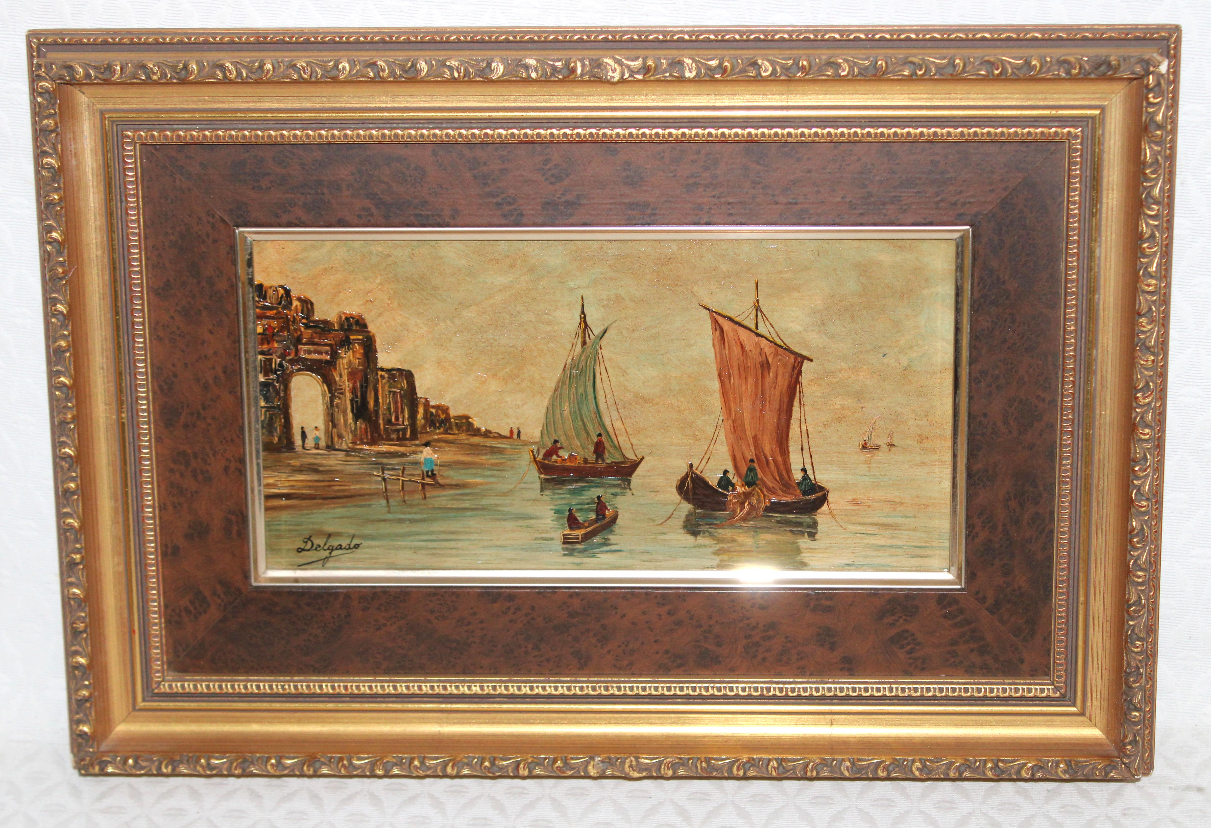 Landscape Painting de Guillermo Delgado Ramos - Barcas al atardecer en la costa - Óleo sobre tabla