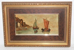 Barcas al atardecer en la costa - Óleo sobre tabla