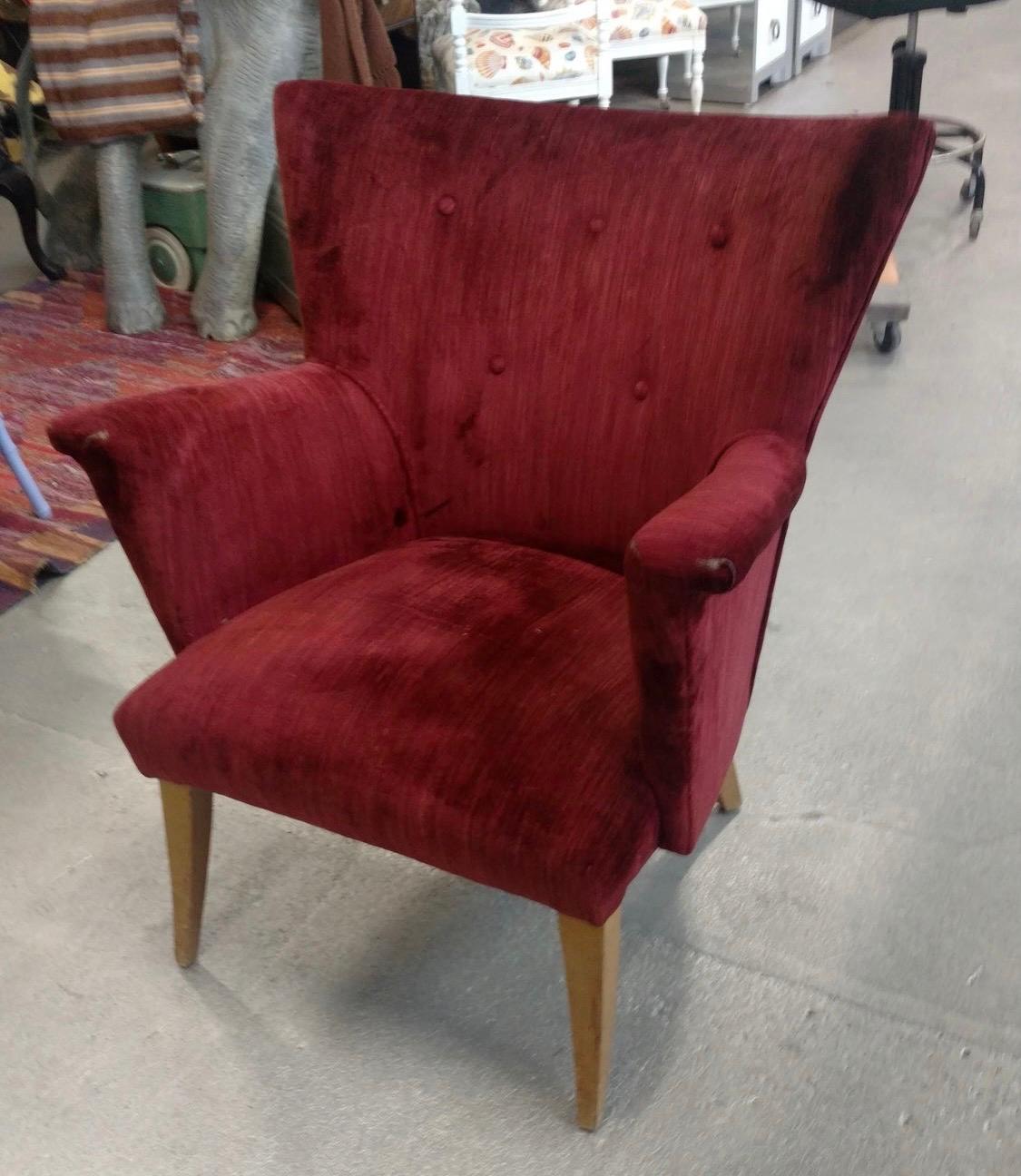 Fabric Guillermo Eyelash Wing Chair Newly Upholstered Armchair in Black Velvet, 1950s For Sale