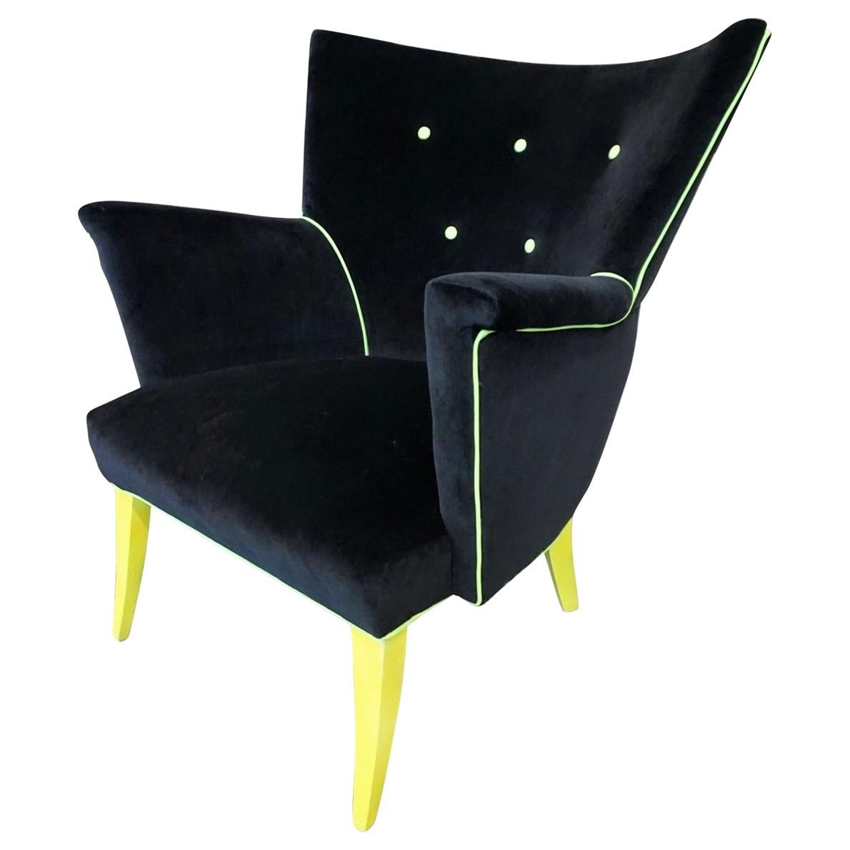 Guillermo Eyelash Wing Chair Newly Upholstered Armchair in Black Velvet, 1950s For Sale