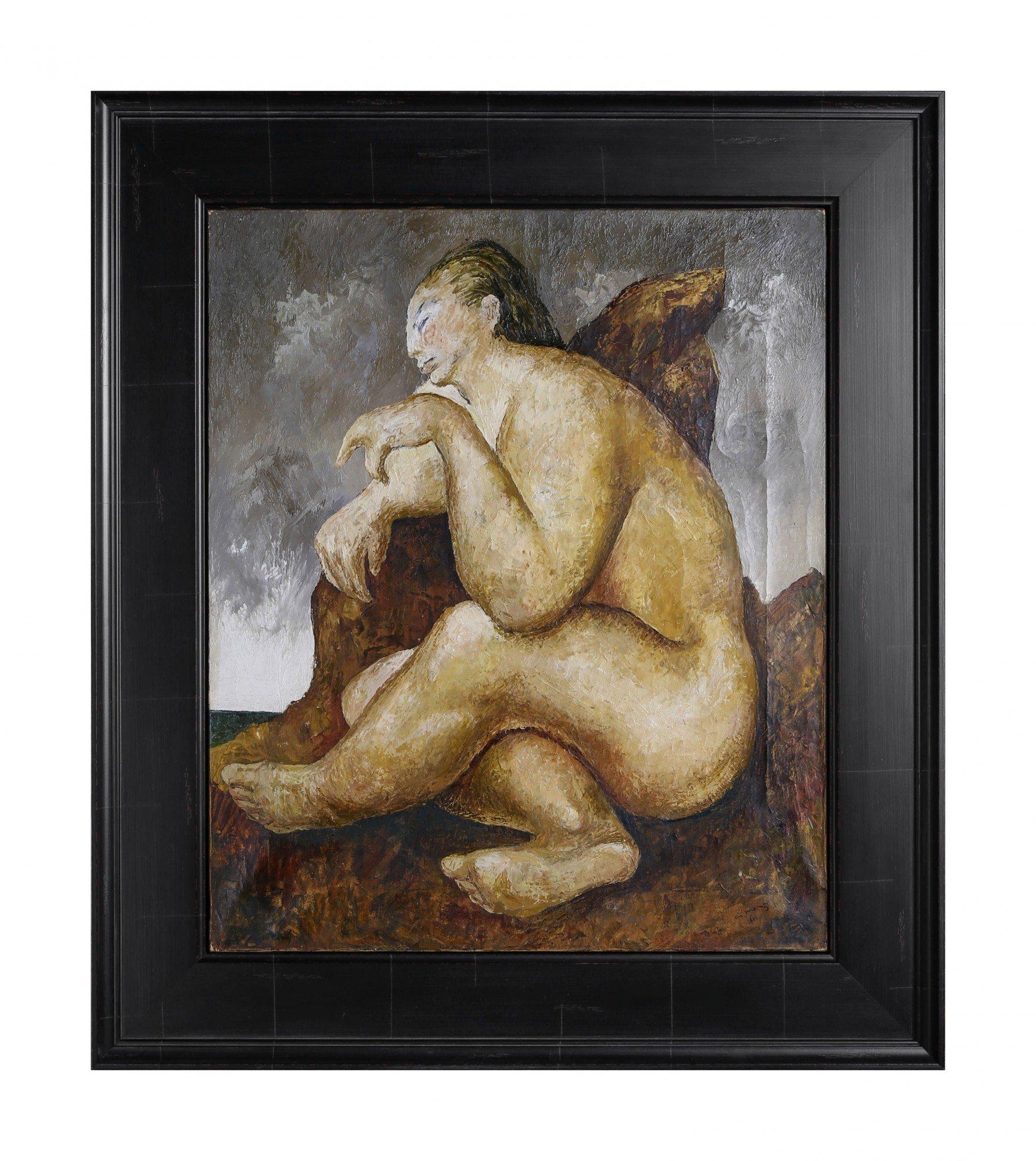 Sentada Desnuda, Pintura Surrealista de una Mujer Desnuda Sentada, Artista Mexicana - Painting de Guillermo Meza