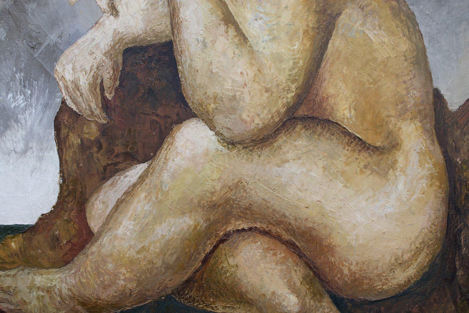 Sentada Desnuda, Pintura Surrealista de una Mujer Desnuda Sentada, Artista Mexicana en venta 1
