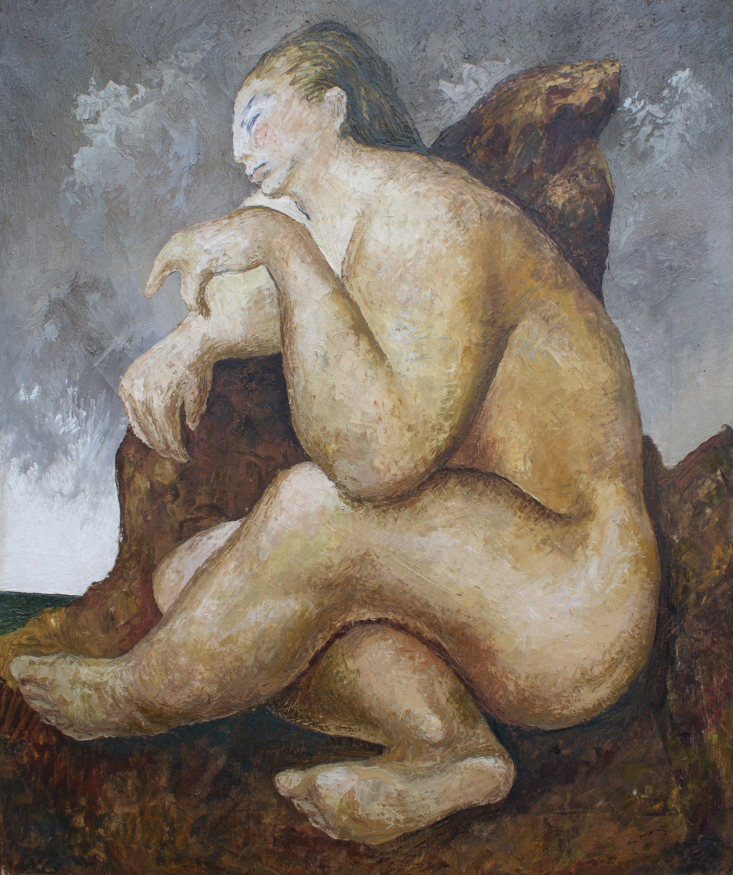 Nude Painting de Guillermo Meza - Sentada Desnuda, Pintura Surrealista de una Mujer Desnuda Sentada, Artista Mexicana