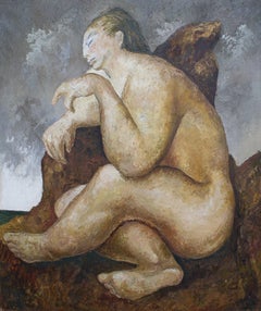 Sentada Desnuda, dipinto surreale di una donna nuda seduta, artista messicano
