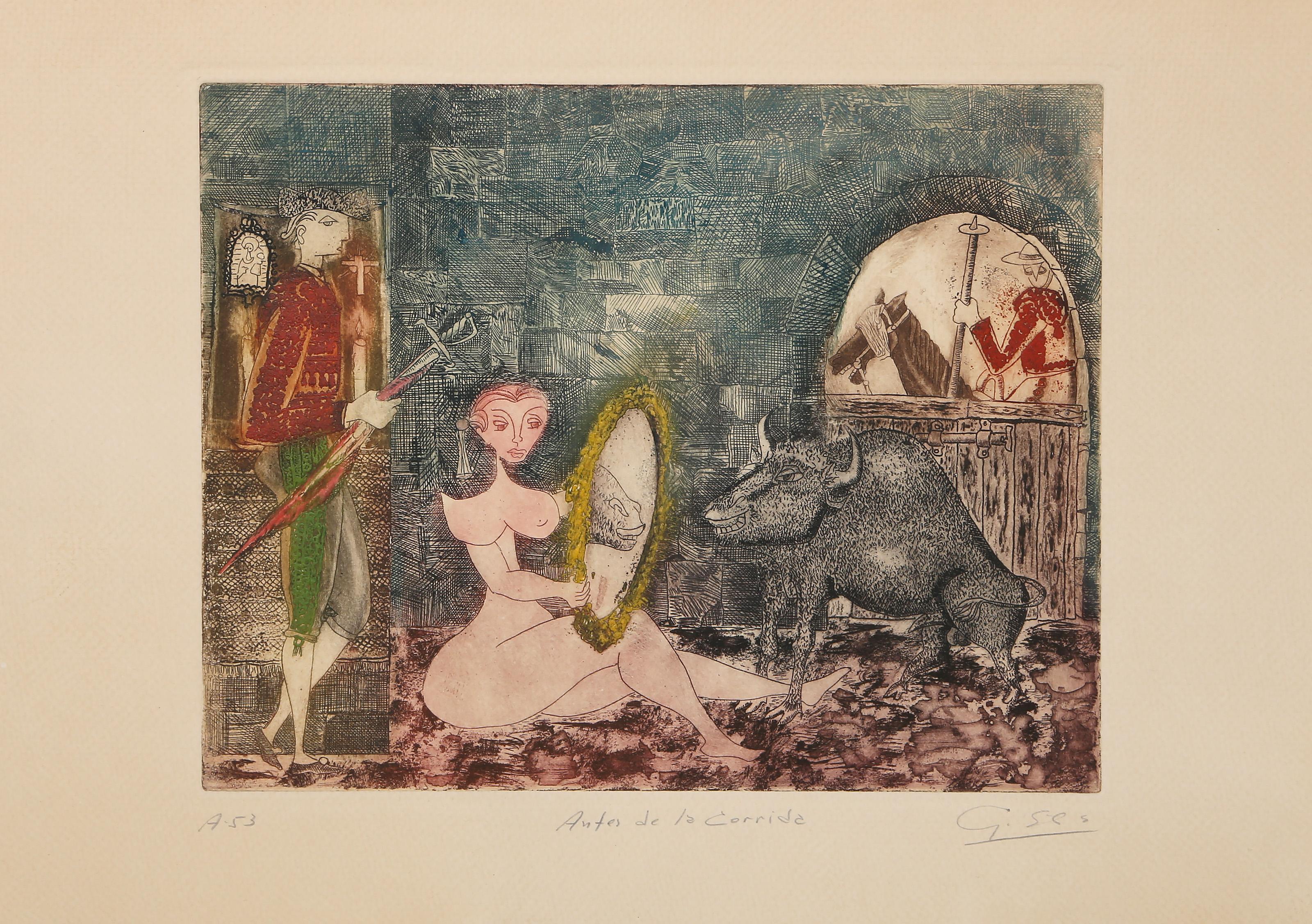 Antes de la Corrida, Surrealistische Radierung von Guillermo Silva Santamaria im Angebot 1