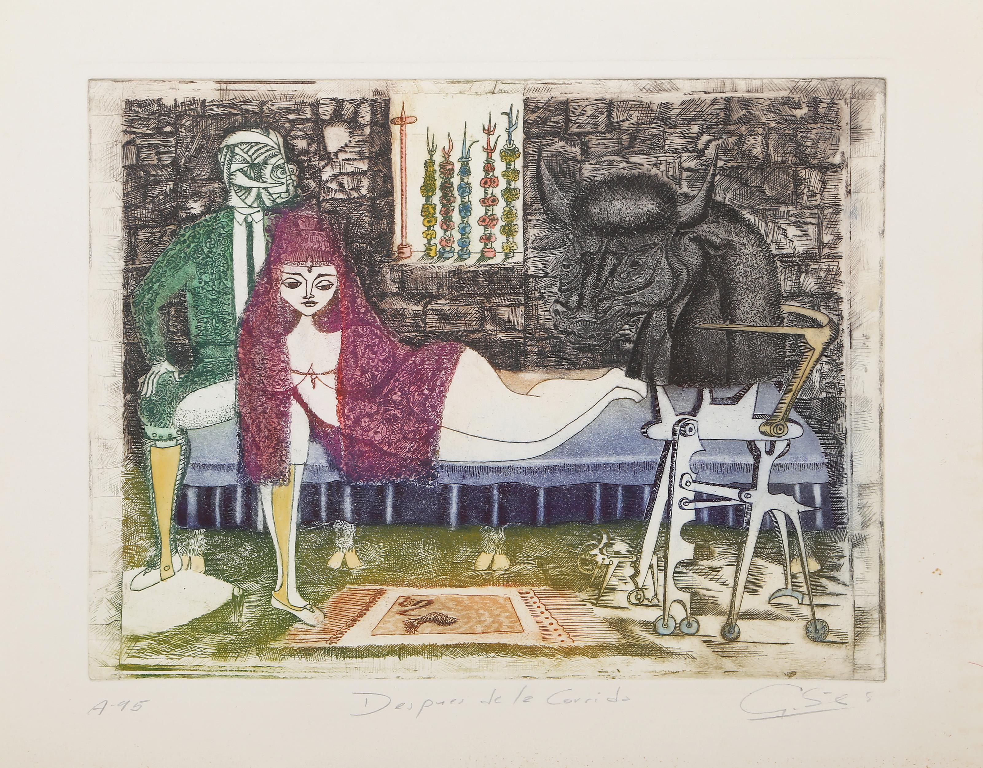 Despues de la Corrida, Surrealist Etching by Guillermo Silva Santamaria For Sale 1