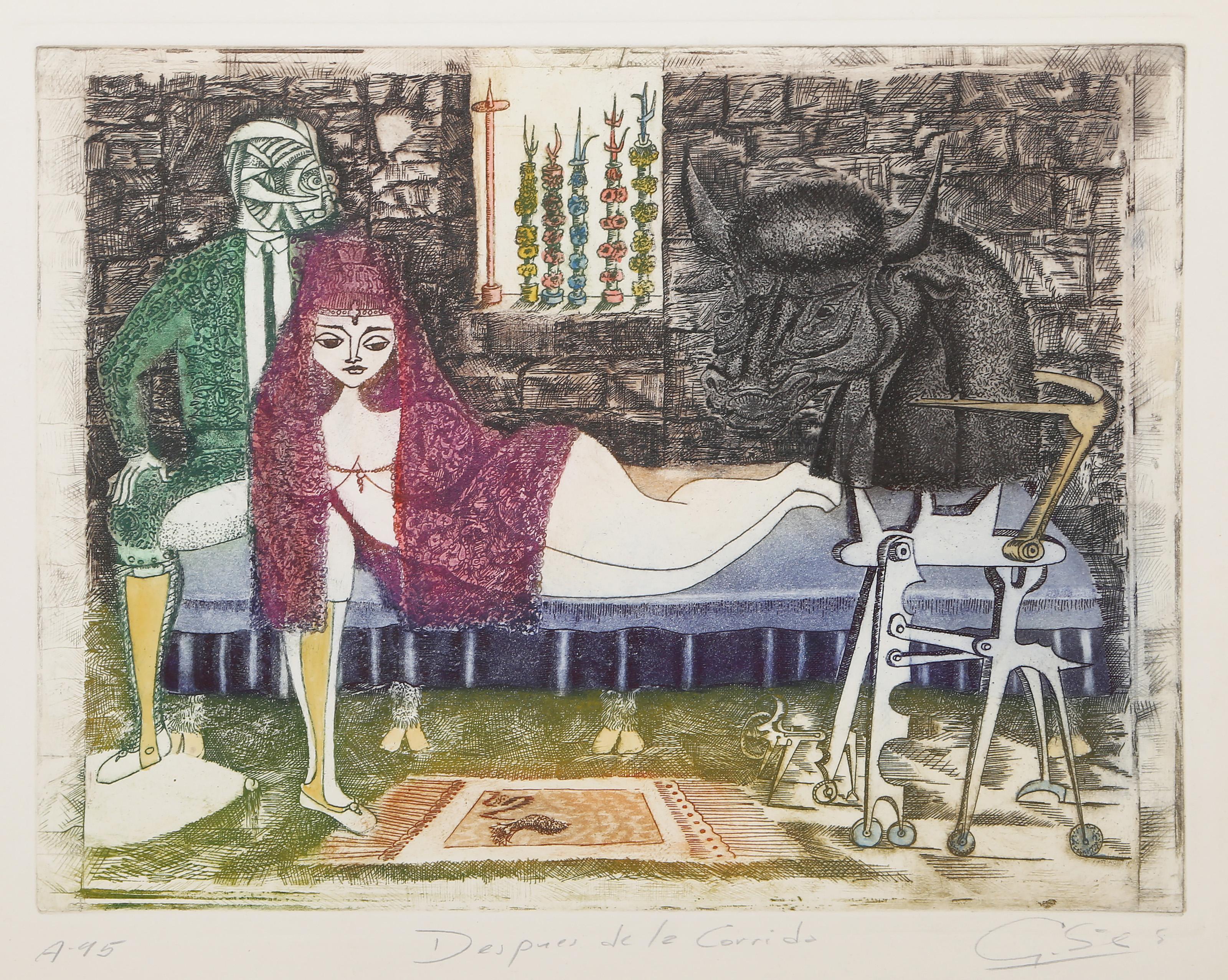 Guillermo Silva Santamaria, Colombian (1922 -2007) - Despues de la Corrida, Year:  circa 1963, Medium:  Etching with Aquatint on Fabriano Cotton paper, signed, titled and numbered in pencil, Edition:  AP 95, Image Size:  10.5 x 13.75 inches, Size: 