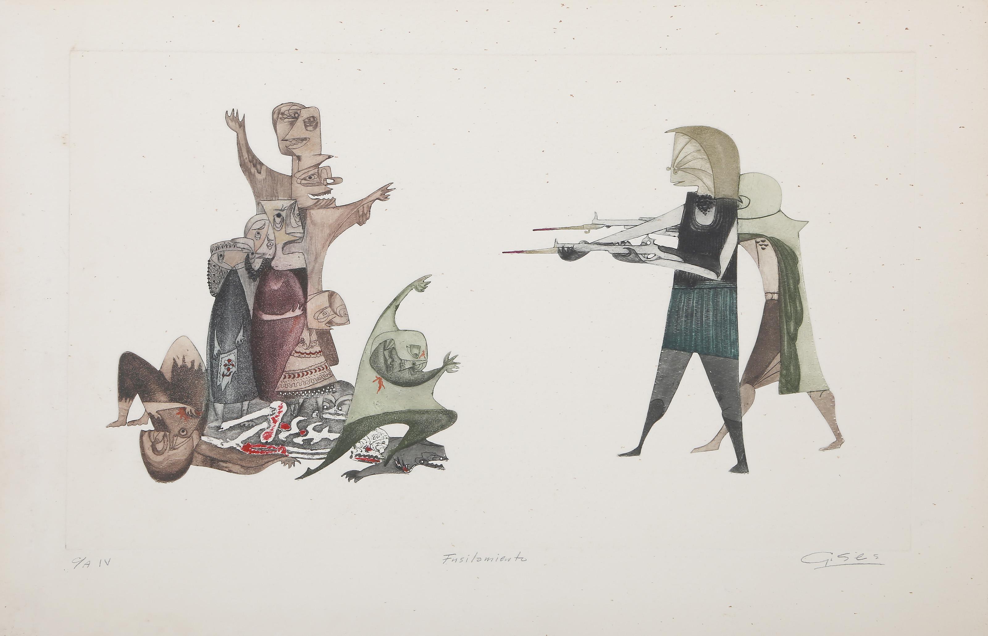 Fusilamiento, Surrealist Aquatint by Guillermo Silva Santamaria For Sale 1