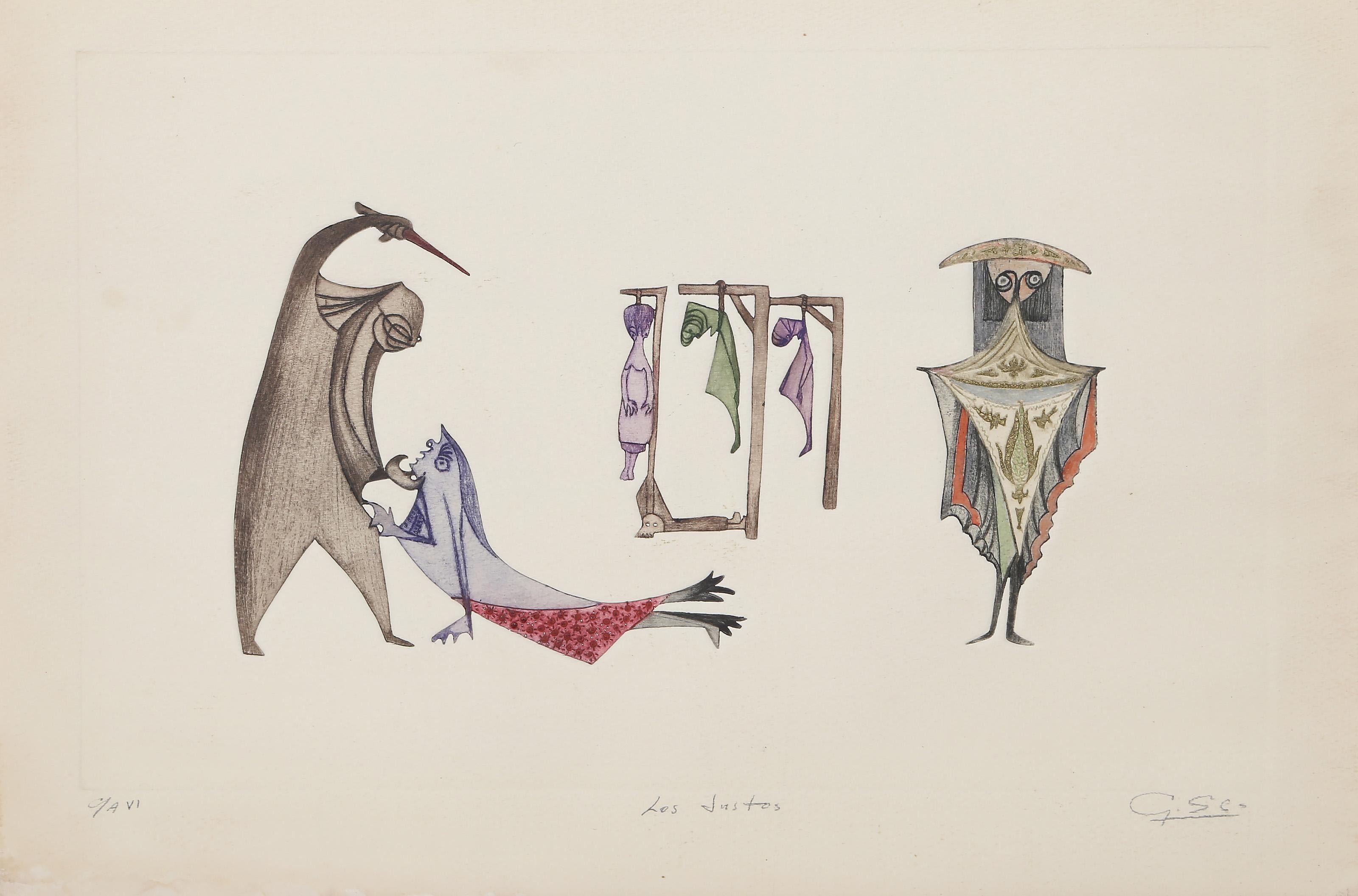 Los Justos, Surrealist Aquatint by Guillermo Silva Santamaria For Sale 1