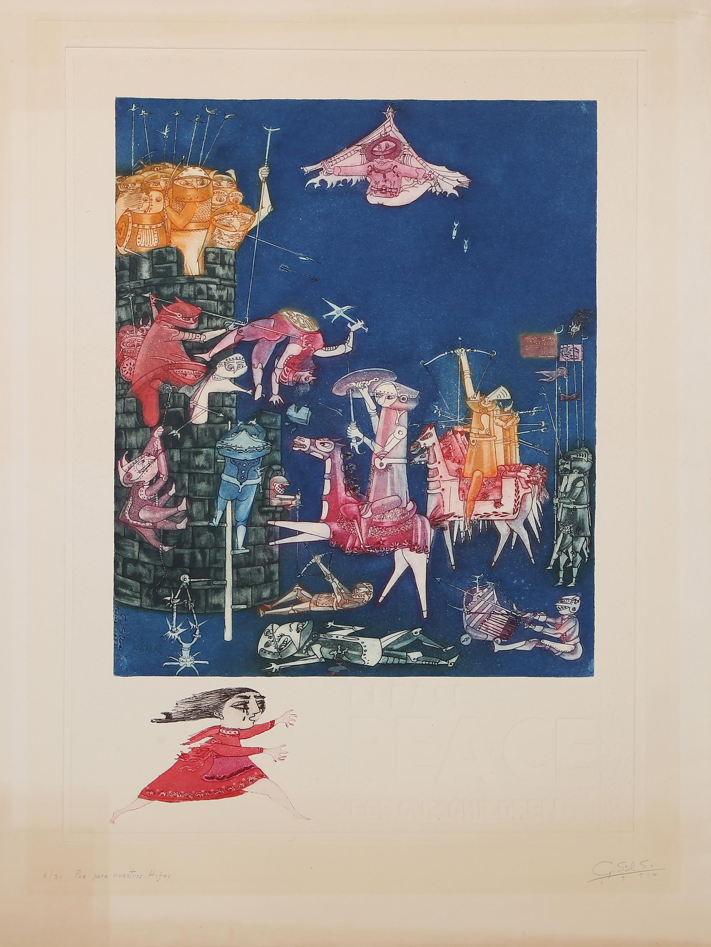Paz para nuestros Hijos, Surrealist Etching by Guillermo Silva Santamaria For Sale 2