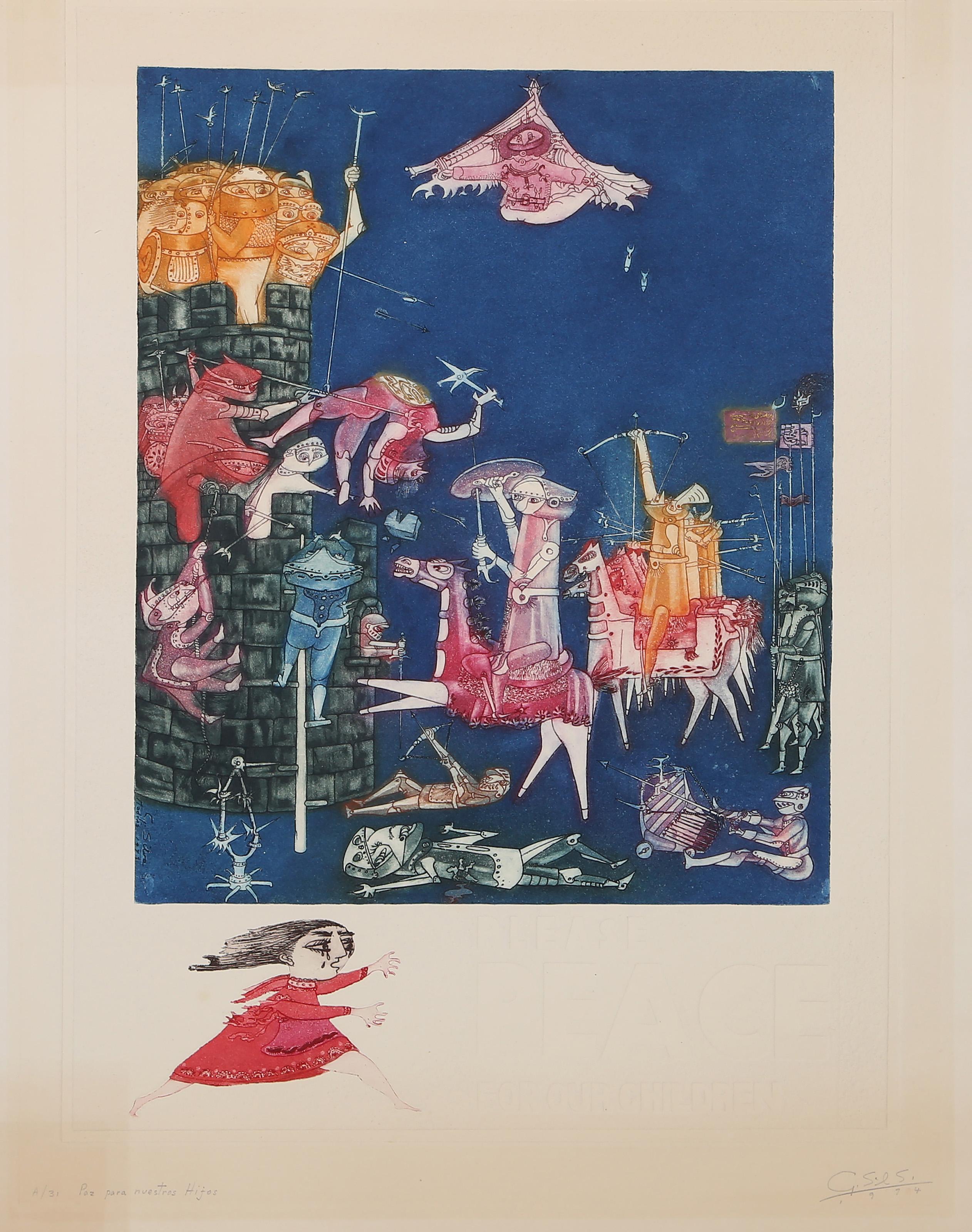 Guillermo Silva Santamaria, Colombian (1922 -2007) - Paz para nuestros Hijos, Year:  1994, Medium:  Etching, Aquatint and Intaglio, signed, titled, numbered and dated in pencil, Edition:  AP 31, Image Size:  22 x 17 inches, Size:  26.75 x 22.5 in.