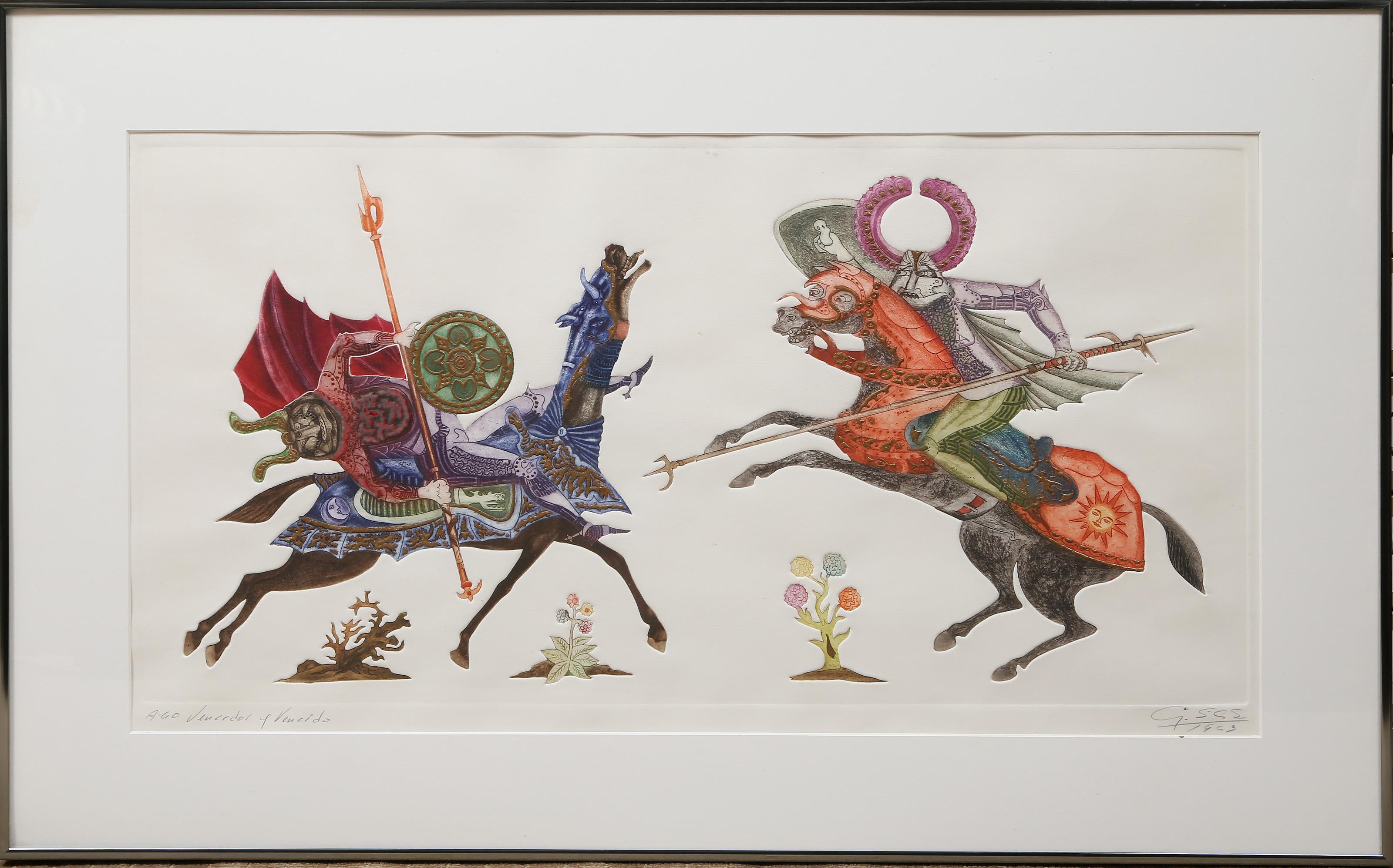 Guillermo Silva Santamaria, Colombien (1922 -2007) - Vencedor y Vencido, Année :  1963, Moyen :  Eau-forte, aquatinte et taille-douce, signée, titrée, numérotée et datée au crayon, édition :  AP 60, Taille de l'image :  13.5 x 26.5 pouces, Taille du