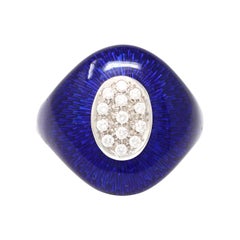 Guilloche Blue Enamel Diamond Ring in 18K, Circa 1960